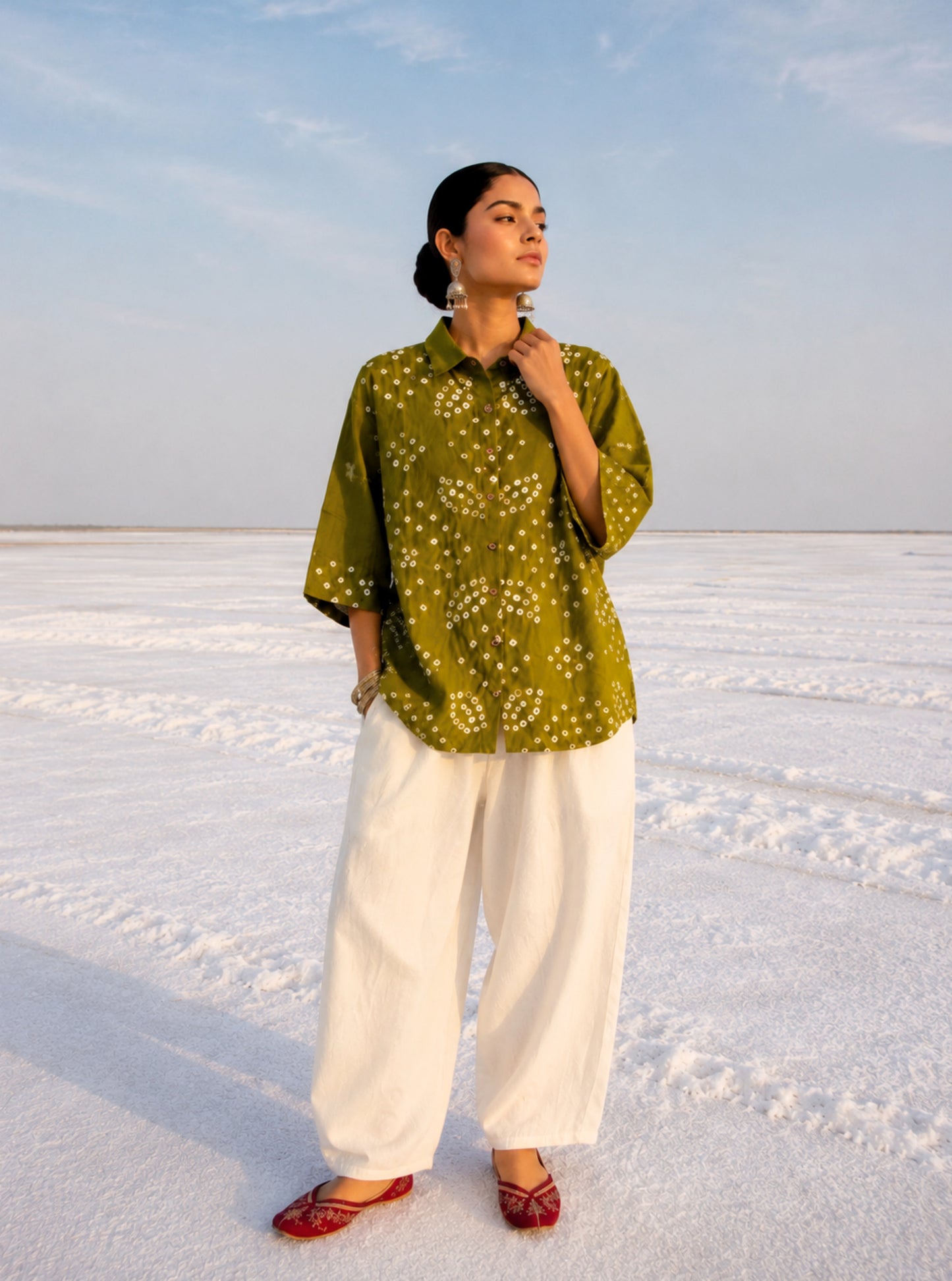 Leeli Dani olive green hand tie dyed Bandhani cotton satin relaxed fit collared shirt for women
