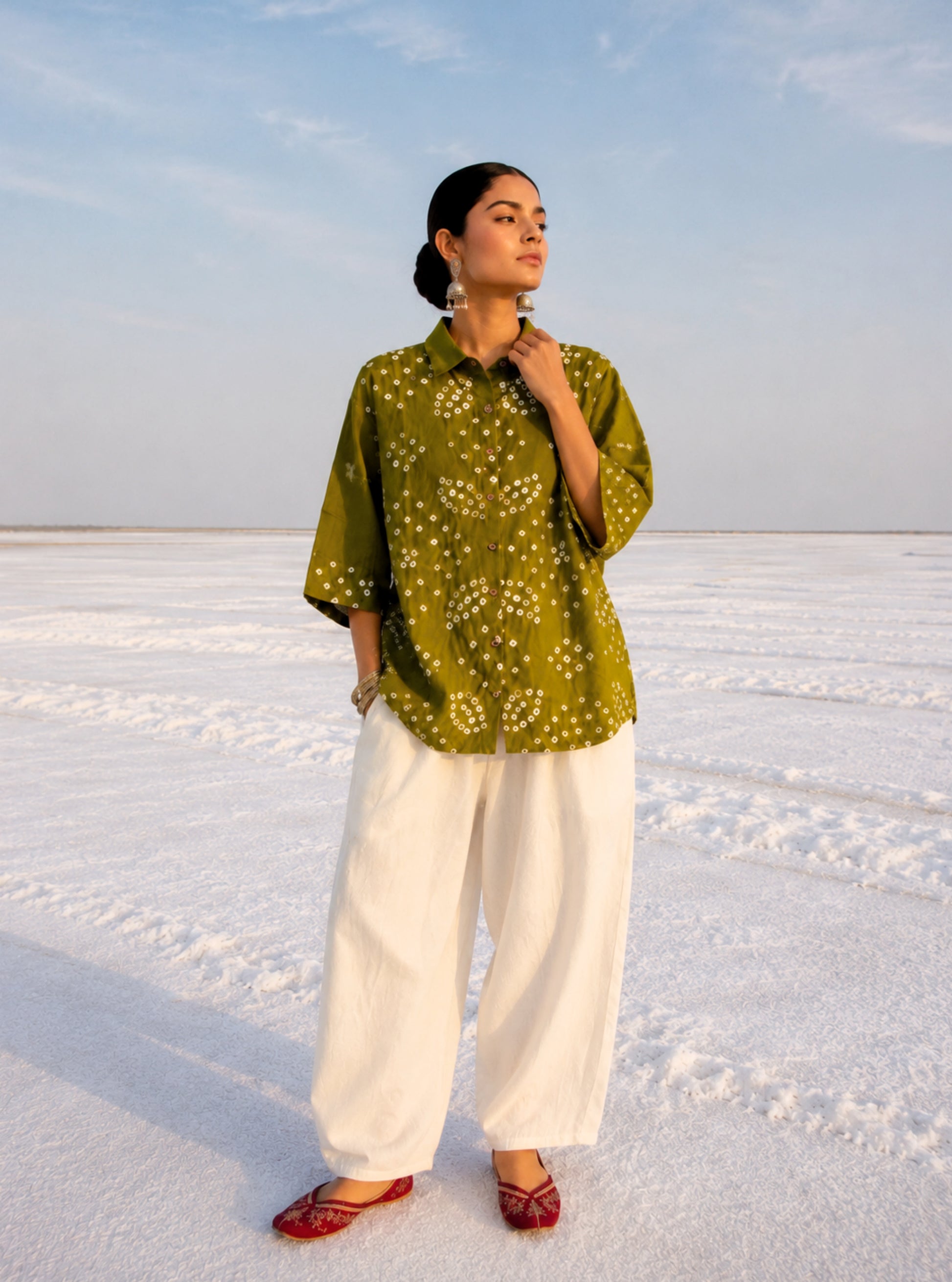Leeli Dani olive green hand tie dyed Bandhani cotton satin relaxed fit collared shirt for women
