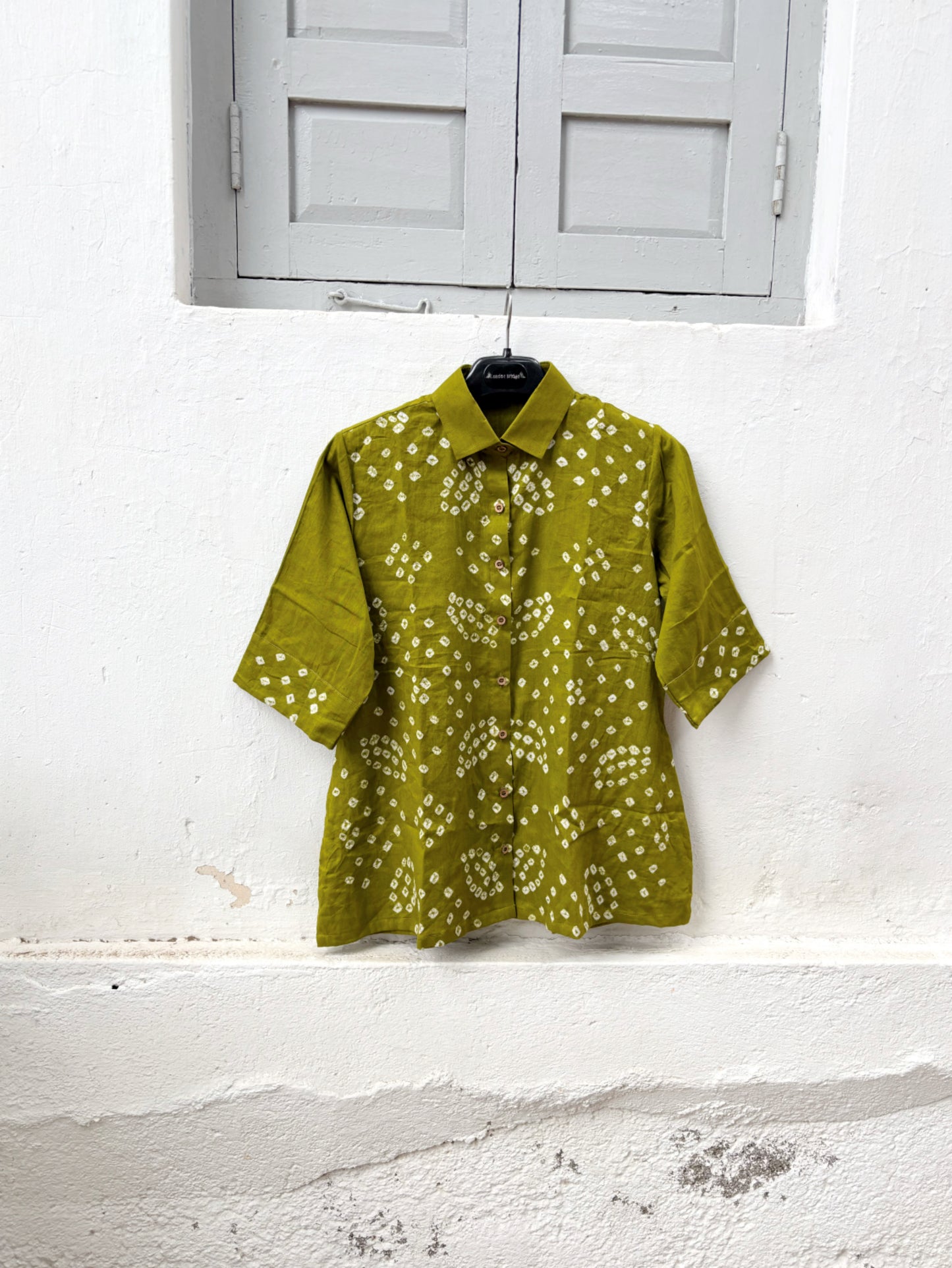Leeli Dani olive green hand tie dyed Bandhani cotton satin relaxed fit collared shirt for women