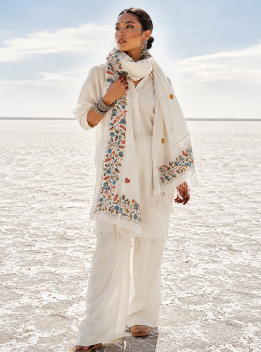 Maalti hand spun and handwoven off-white cotton dupatta with powder blue, coral, mustard, and olive floral embroidered borders, scattered floral butis, and handcrafted tassels.
