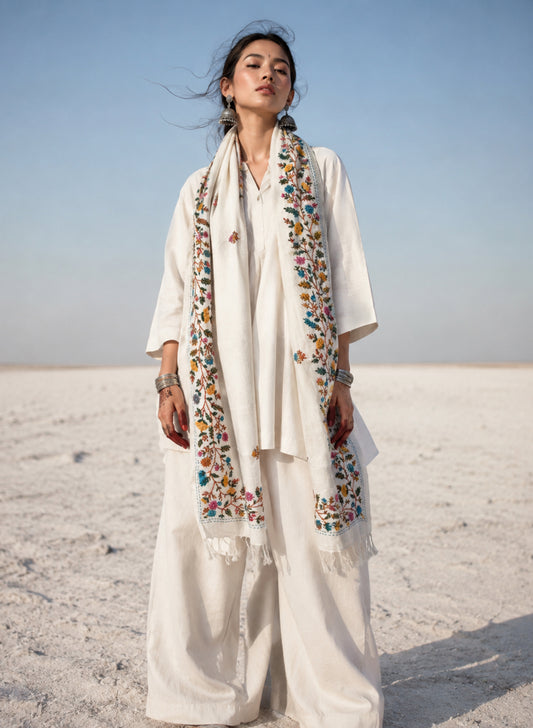 Madhumalti hand spun and handwoven off-white cotton dupatta with multicolour floral embroidered borders, scattered embroidered butis, and handcrafted tassels.
