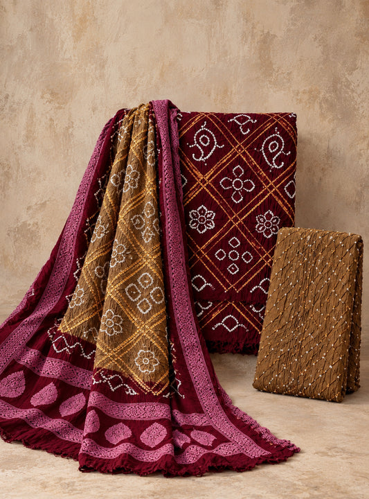 Three-piece Mahua modal silk Rai Bandhani unstitched suit set in deep wine and earthy brown with off-white and mustard-gold tie-dye detailing and matching dupatta