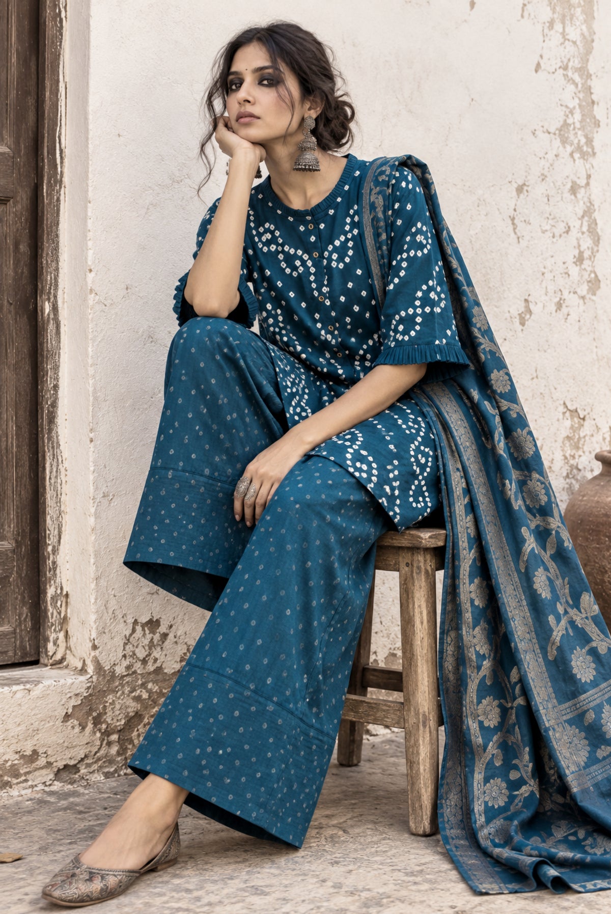 Megh deep teal-blue Bandhani shirt with pleated round neck, woven brocade Farshi pants with pockets and patterned dupatta