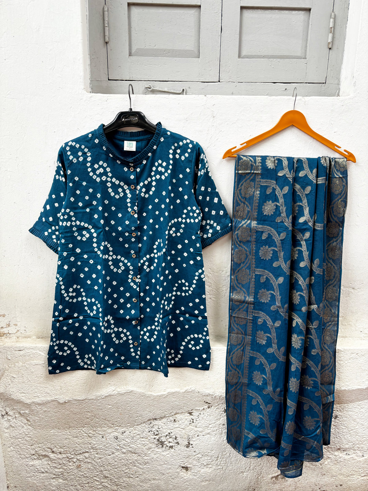Megh deep teal-blue Bandhani shirt with pleated round neck, woven brocade Farshi pants with pockets and patterned dupatta