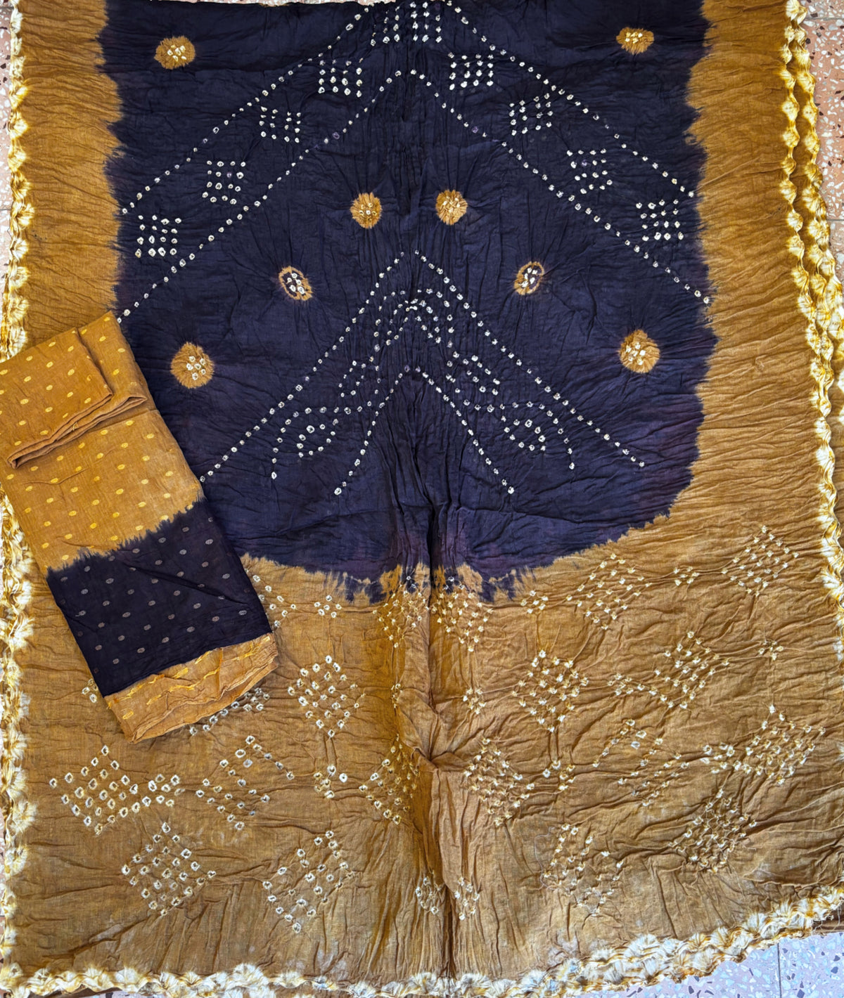 Mitti and Katha hand tie-dyed Bandhani cotton saree in light and deep brown with geometric dotted patterns and floral butis