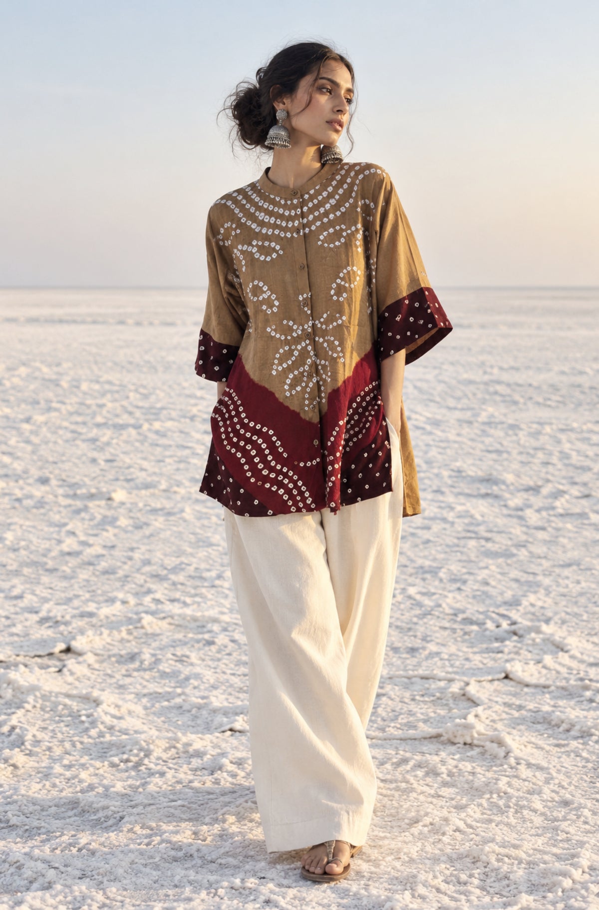 Mitti three-shade Bandhani cotton satin shirt in camel brown, deep rust and deep maroon with ivory hand tie-dyed motifs