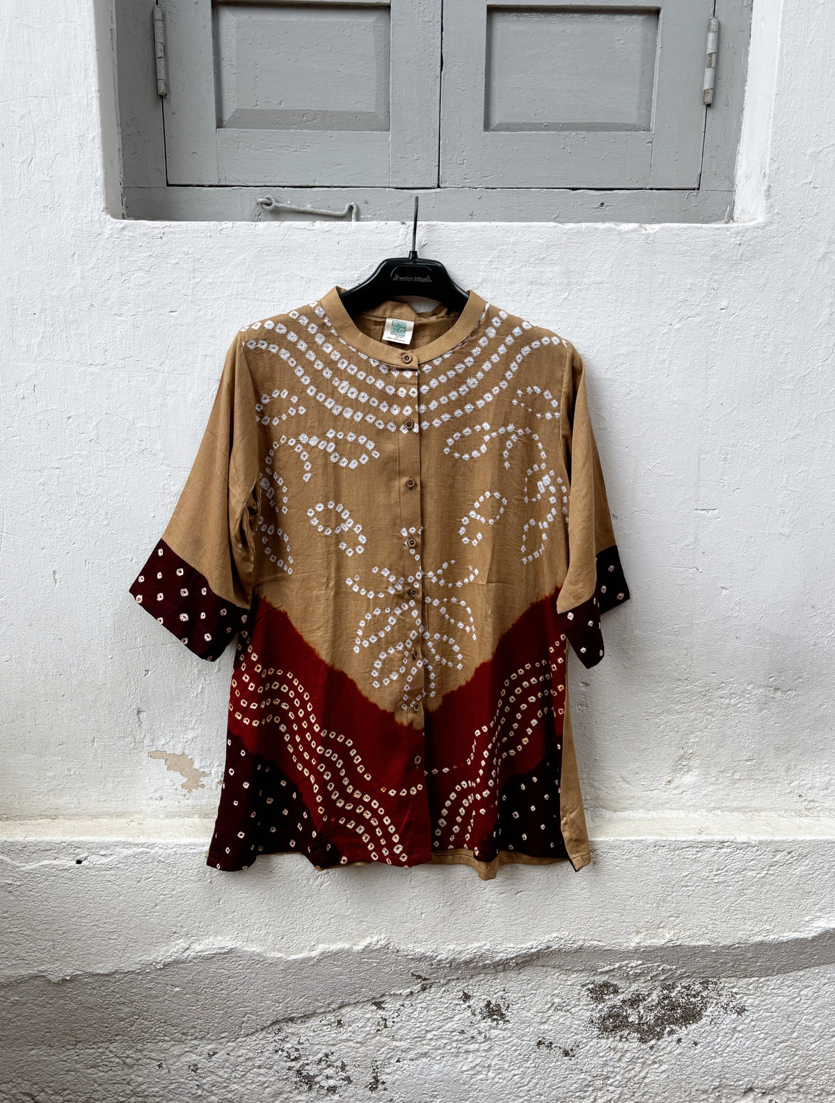 Mitti three-shade Bandhani cotton satin shirt in camel brown, deep rust and deep maroon with ivory hand tie-dyed motifs