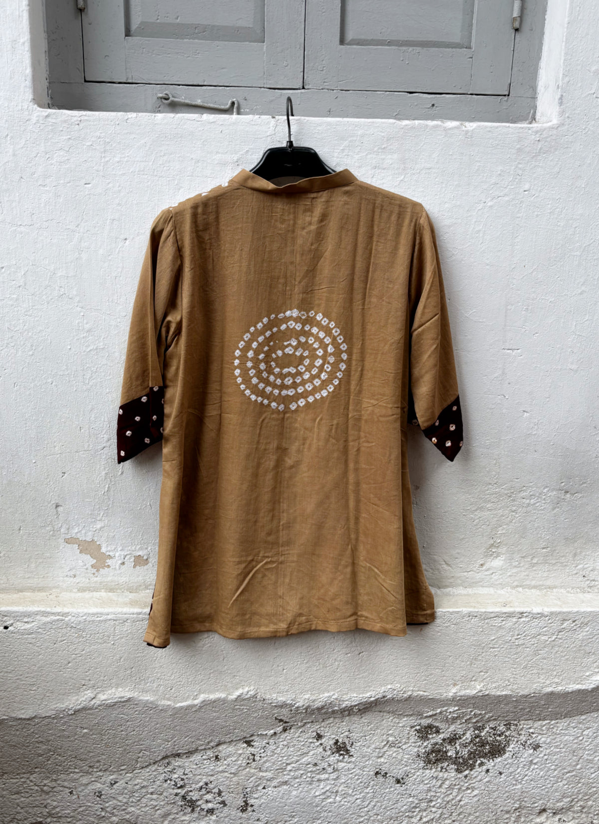 Mitti three-shade Bandhani cotton satin shirt in camel brown, deep rust and deep maroon with ivory hand tie-dyed motifs