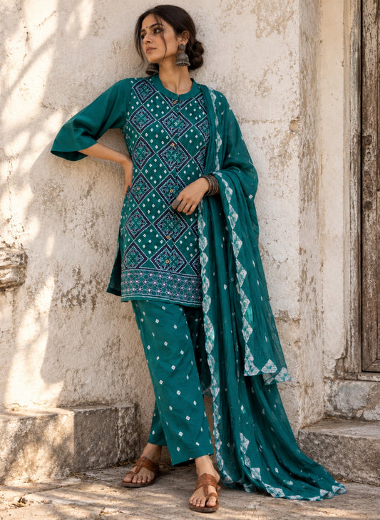Mor Pankh peacock teal Bandhani three-piece set with purple and off-white machine embroidery, matching pants and teal blue Bandhani dupatta
