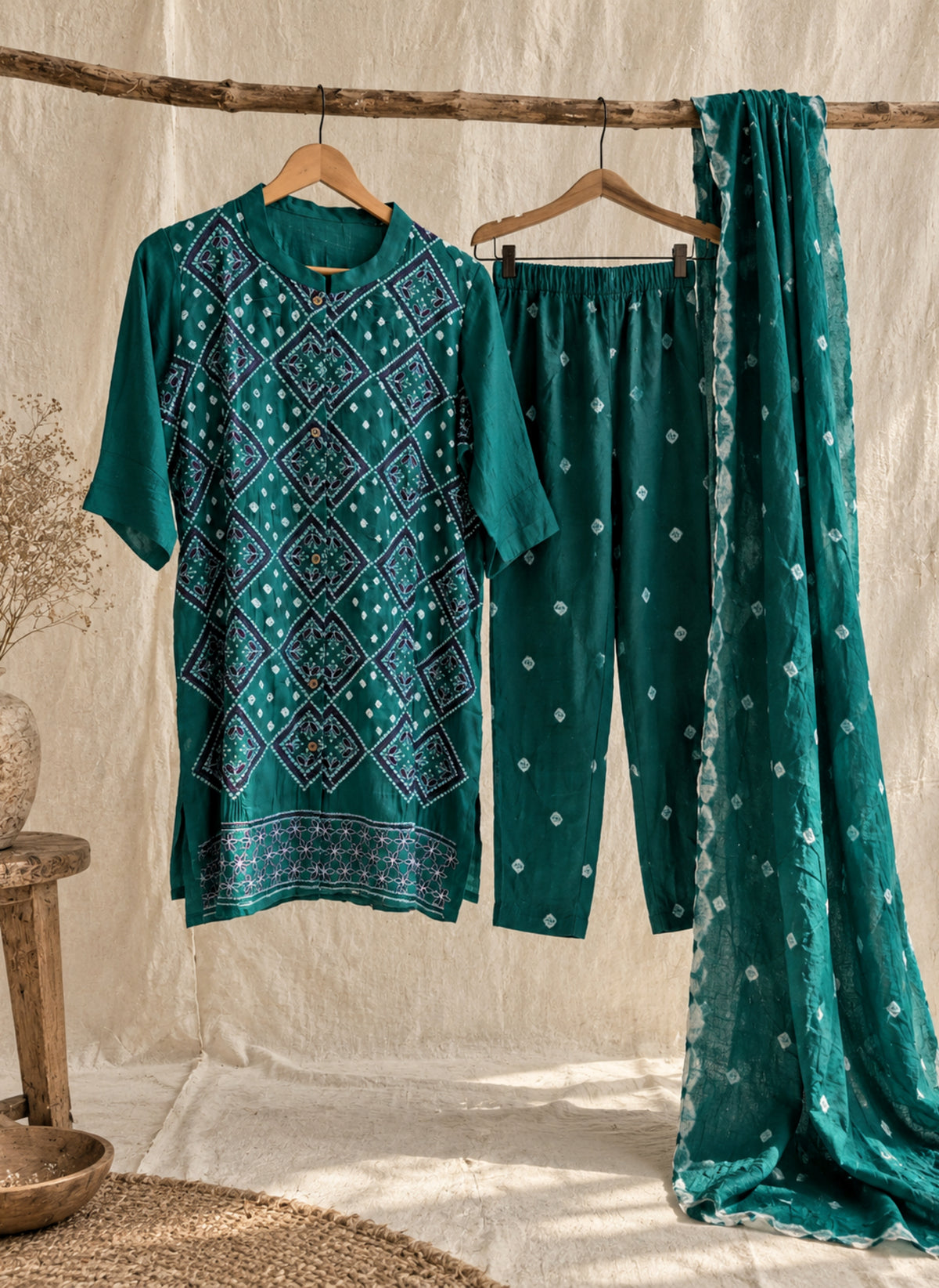 Mor Pankh peacock teal Bandhani three-piece set with purple and off-white machine embroidery, matching pants and teal blue Bandhani dupatta
