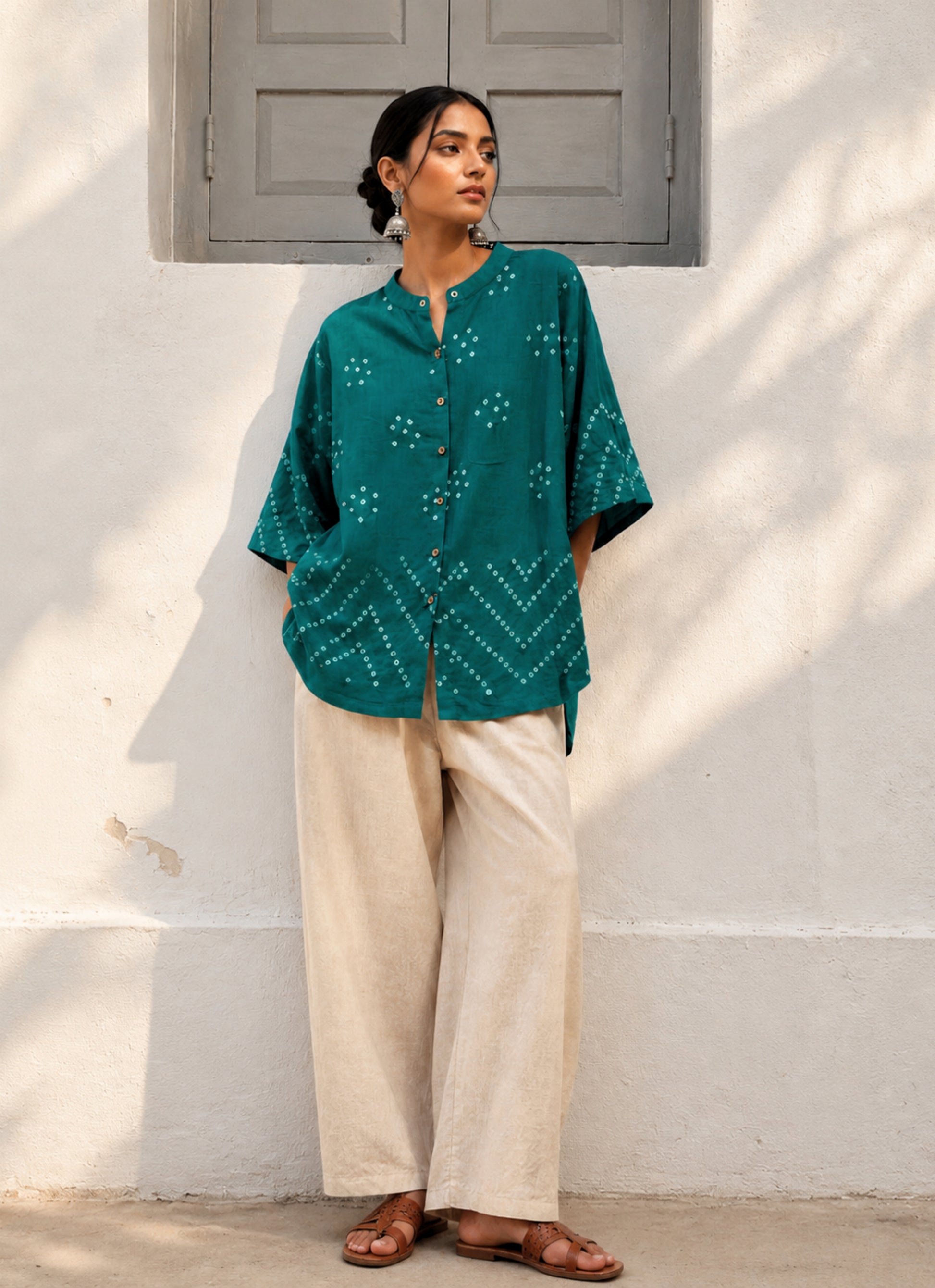 Morpankhi Dani teal green handspun handwoven organic cotton Bandhani shirt with soft mandarin collar and relaxed fit for women.