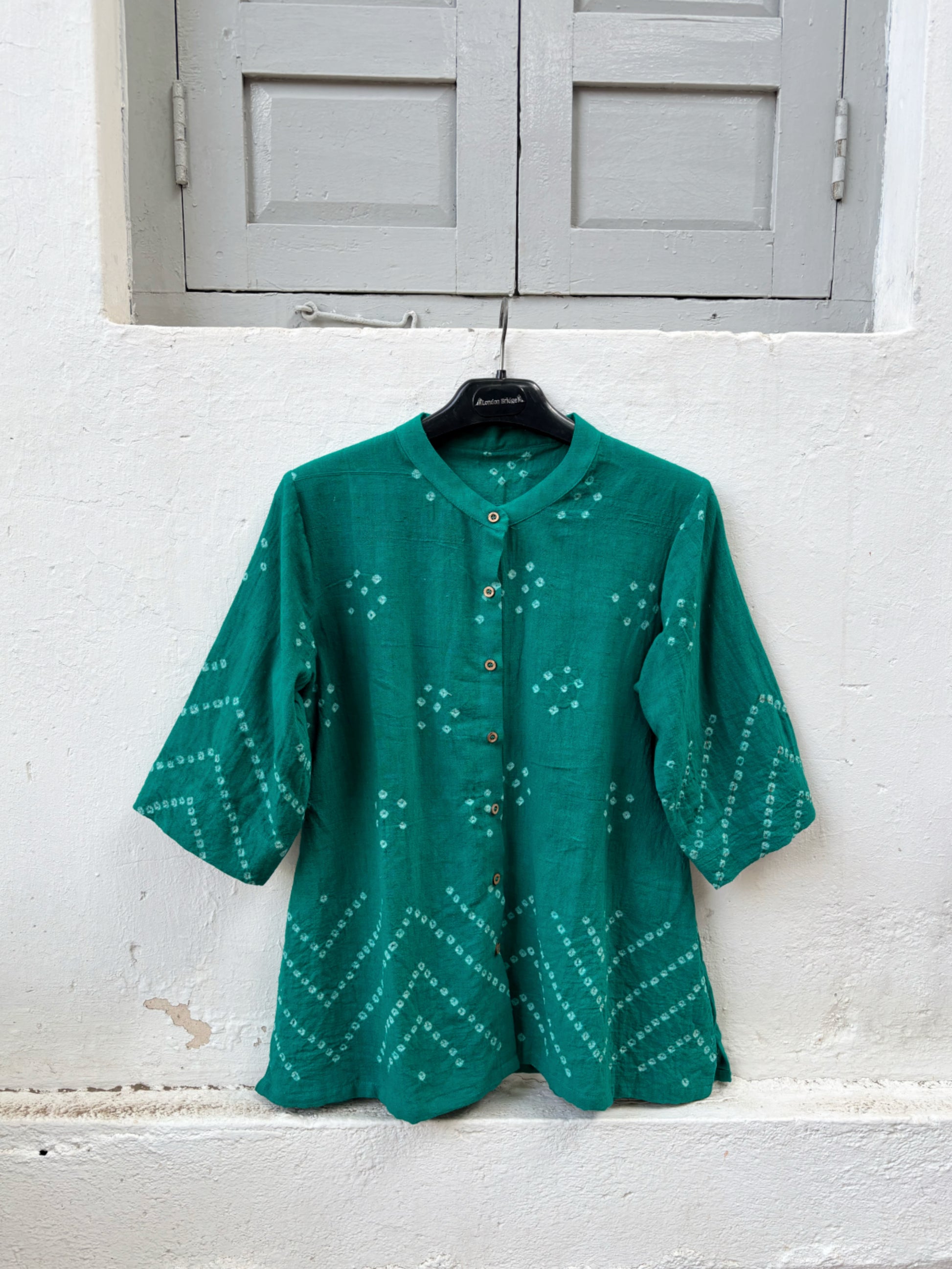 Morpankhi Dani teal green handspun handwoven organic cotton Bandhani shirt with soft mandarin collar and relaxed fit for women.