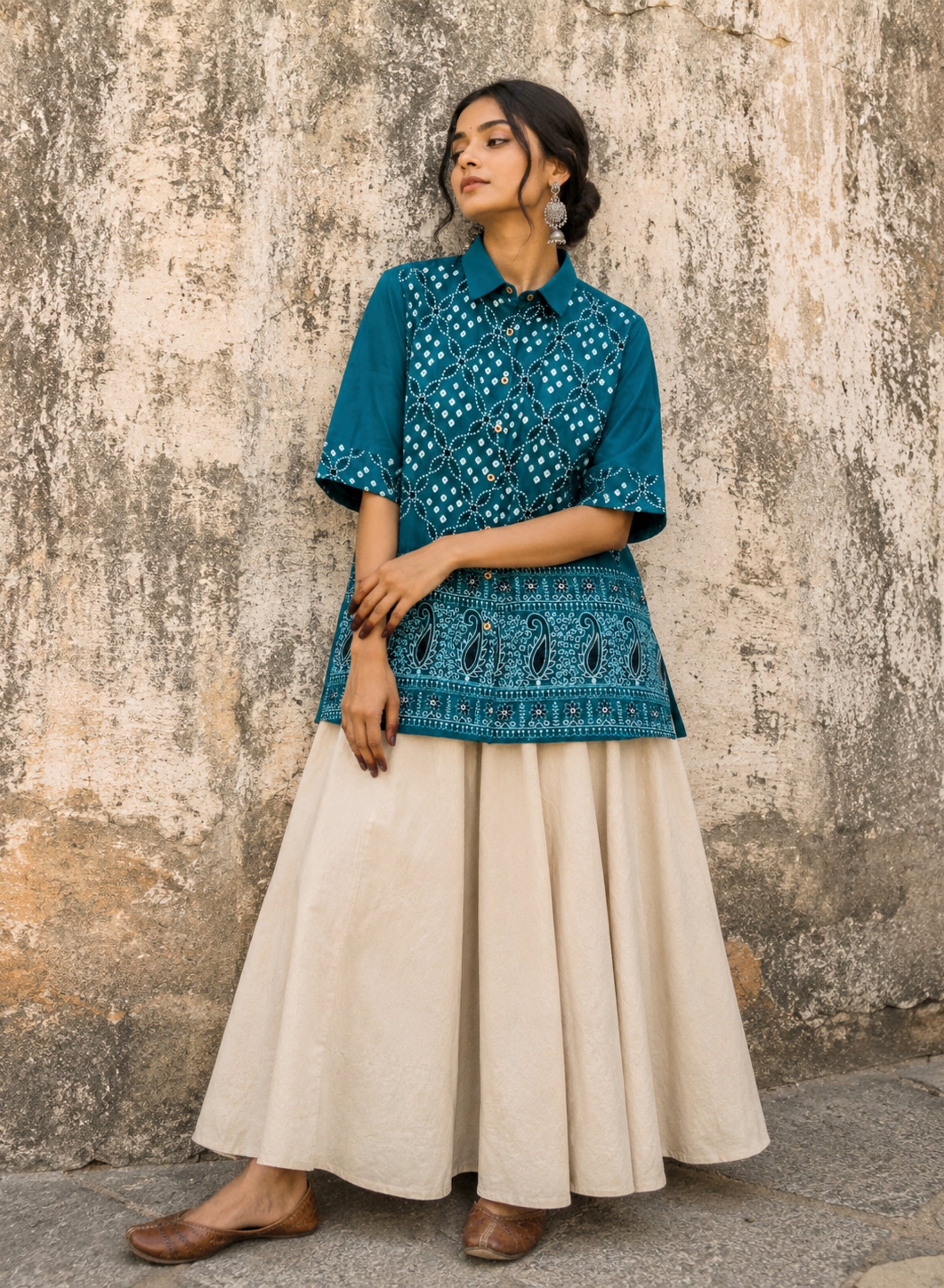 Peacock green Bandhani cotton satin shirt for women with hand tie-dyed detailing and embroidered border