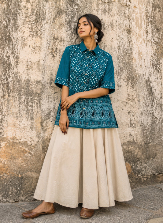 Peacock green Bandhani cotton satin shirt for women with hand tie-dyed detailing and embroidered border