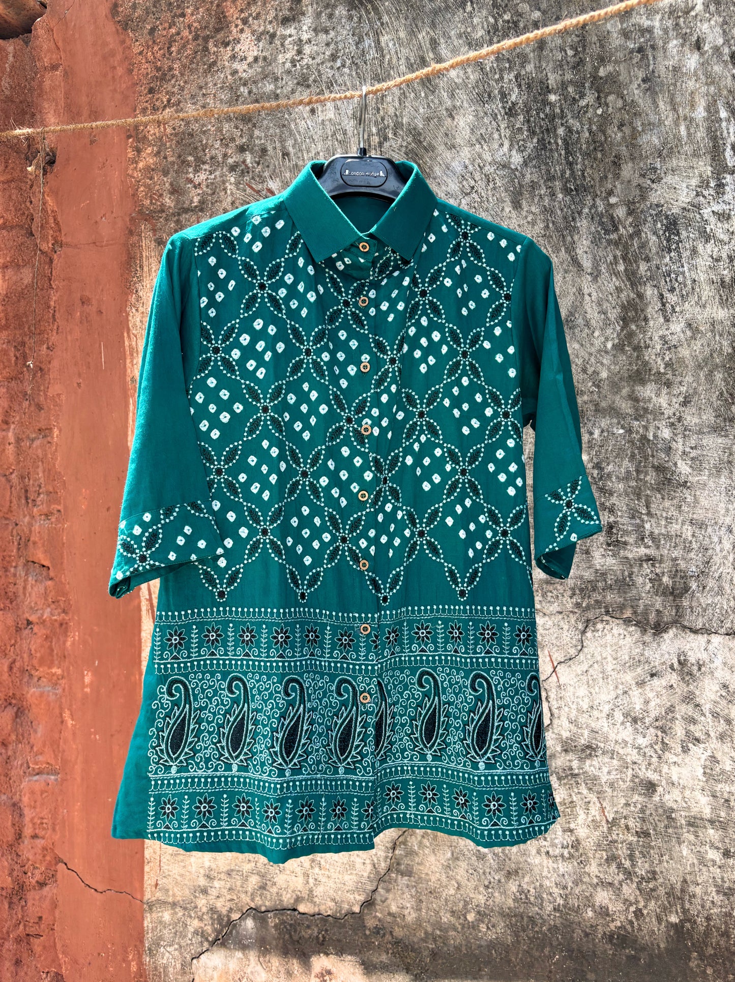 Peacock green Bandhani cotton satin shirt for women with hand tie-dyed detailing and embroidered border