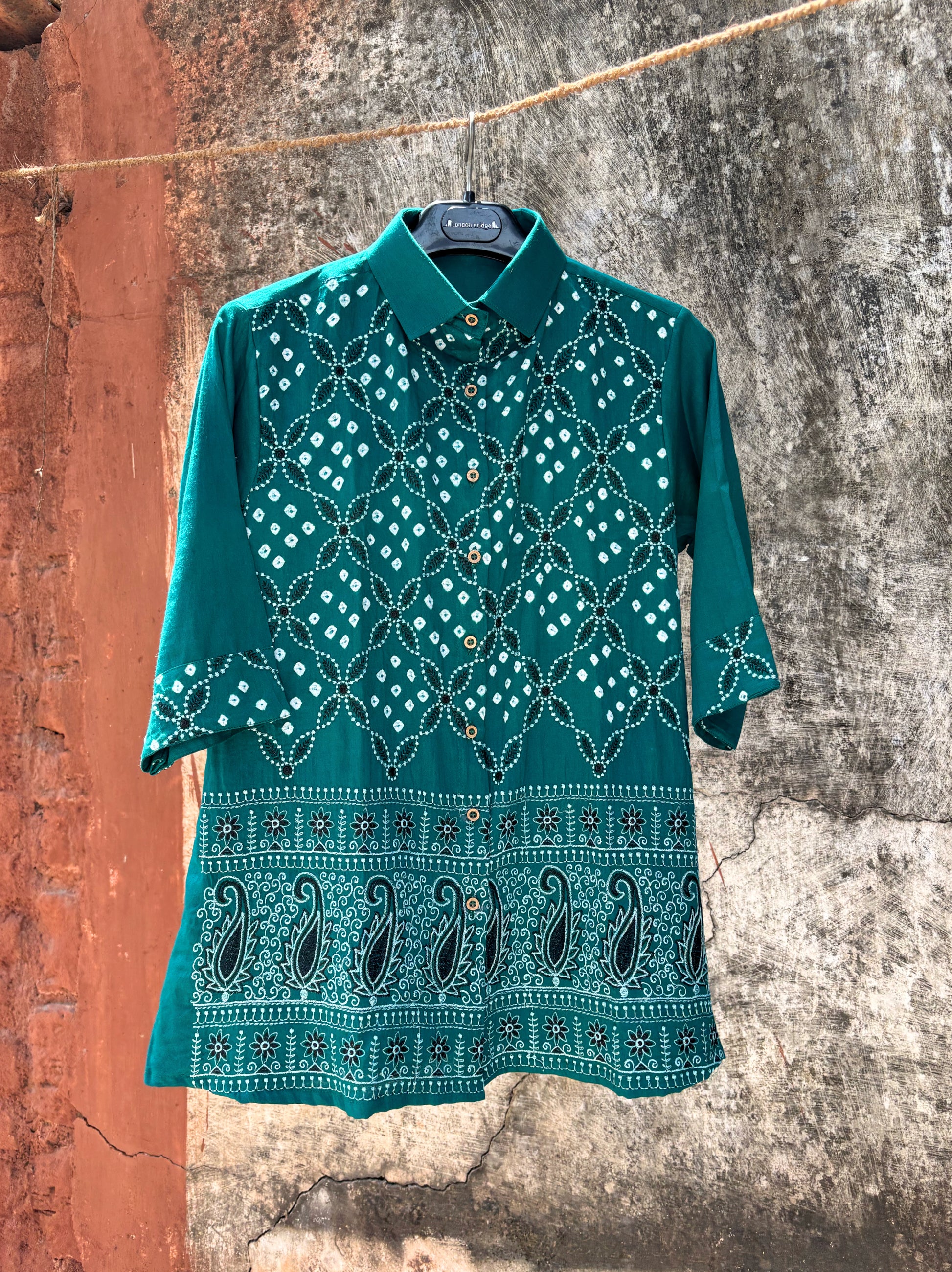 Peacock green Bandhani cotton satin shirt for women with hand tie-dyed detailing and embroidered border