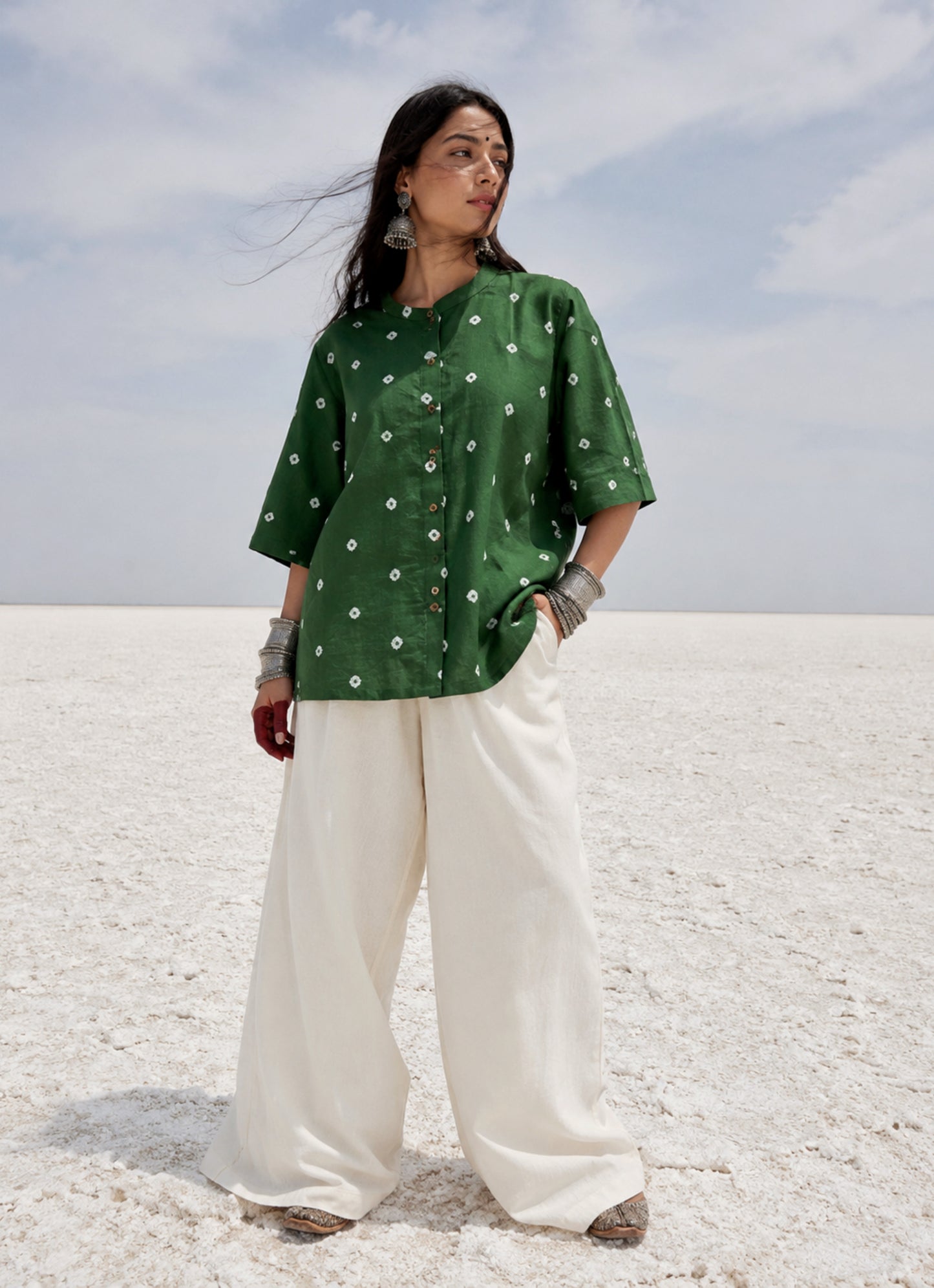 Moss green hand tie-dyed Bandhani cotton shirt with a soft mandarin collar.