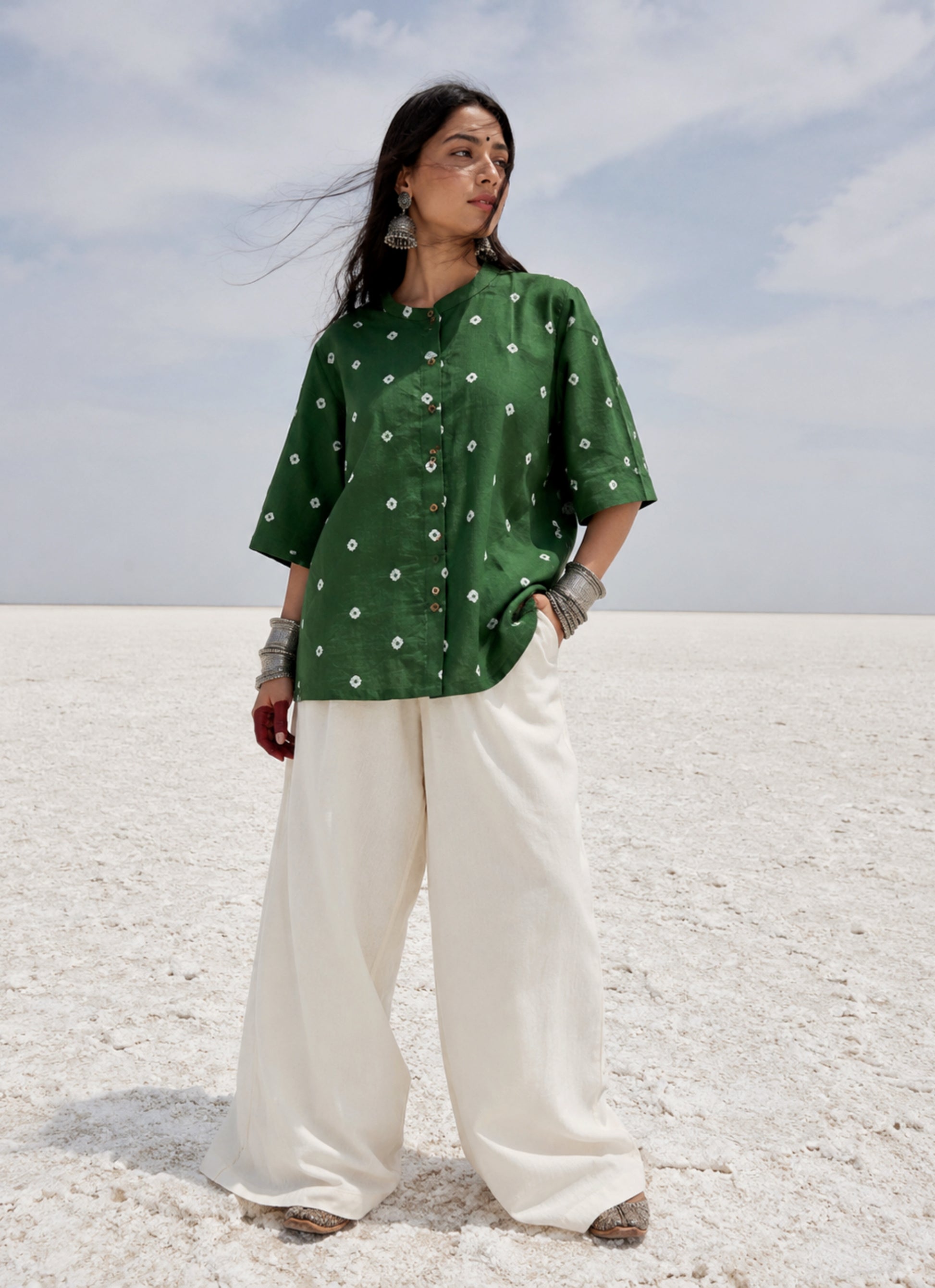 Moss green hand tie-dyed Bandhani cotton shirt with a soft mandarin collar.