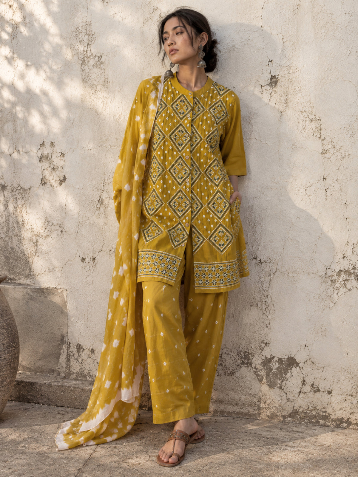 Mustard Bandhani shirt co-ord set with soft mandarin collar, front button opening, matching pants and dupatta
