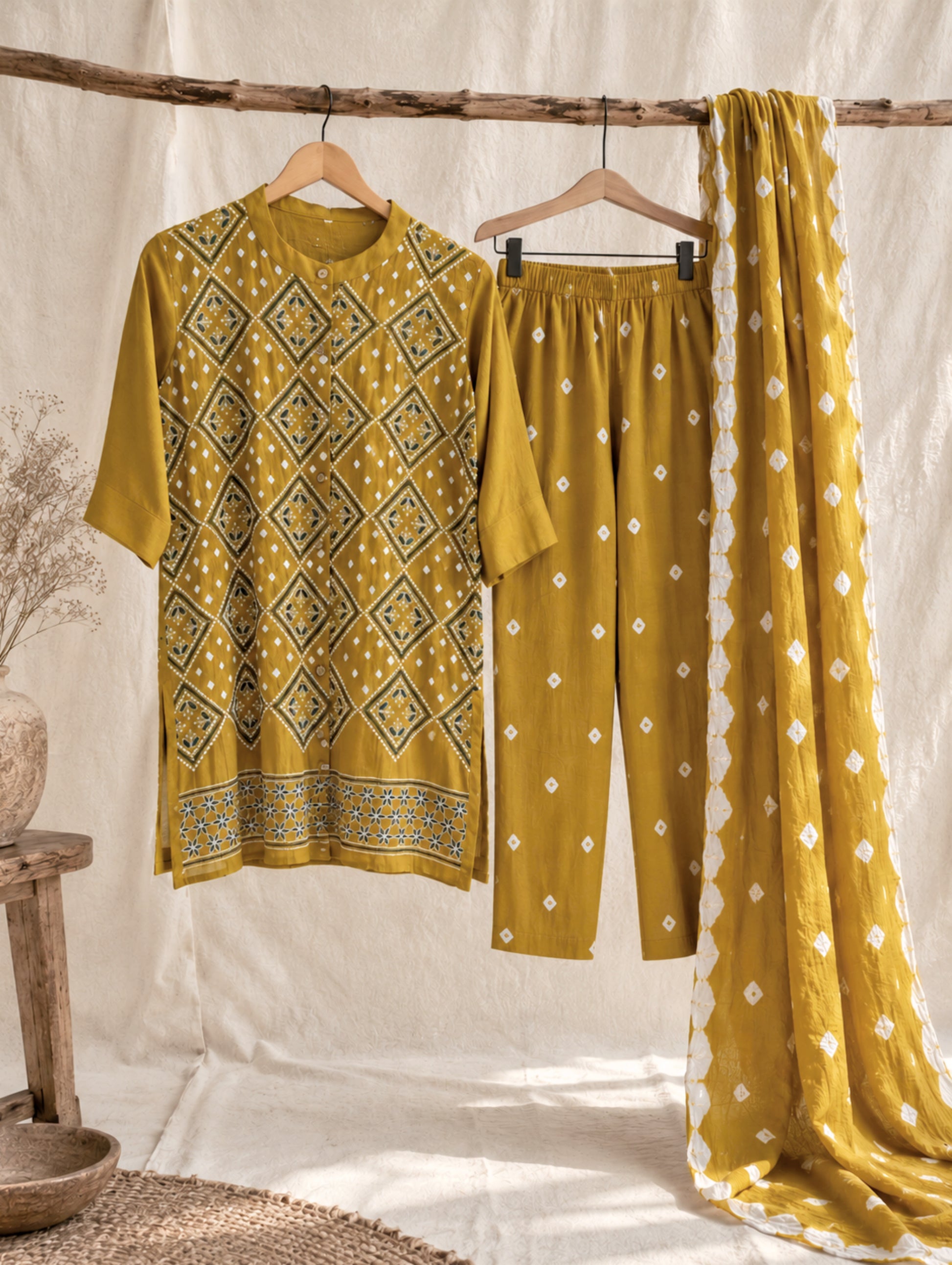 Mustard Bandhani shirt co-ord set with soft mandarin collar, front button opening, matching pants and dupatta