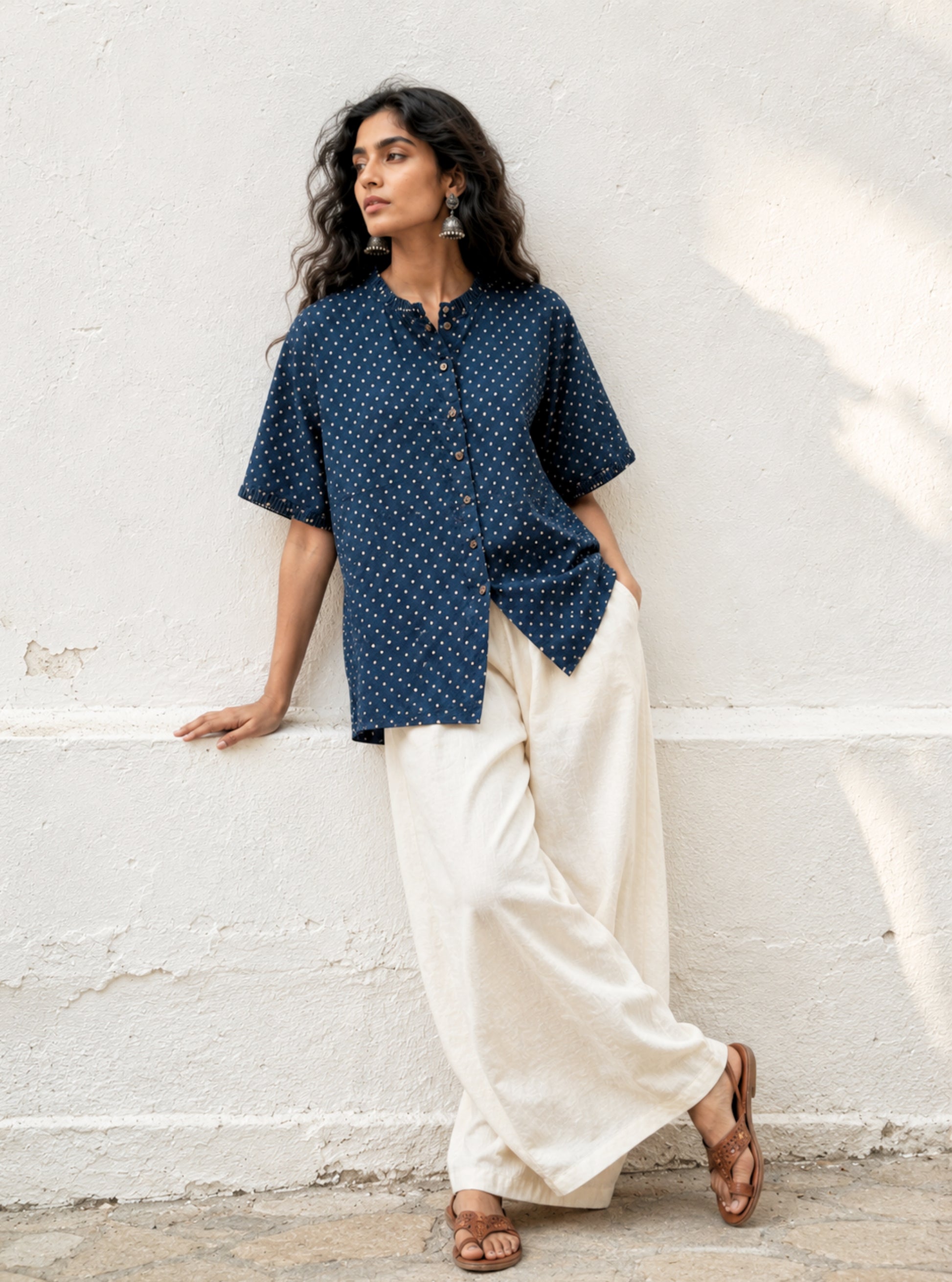 Indigo dyed hand block printed cotton shirt for women with dotted print, pleated neckline and relaxed fit