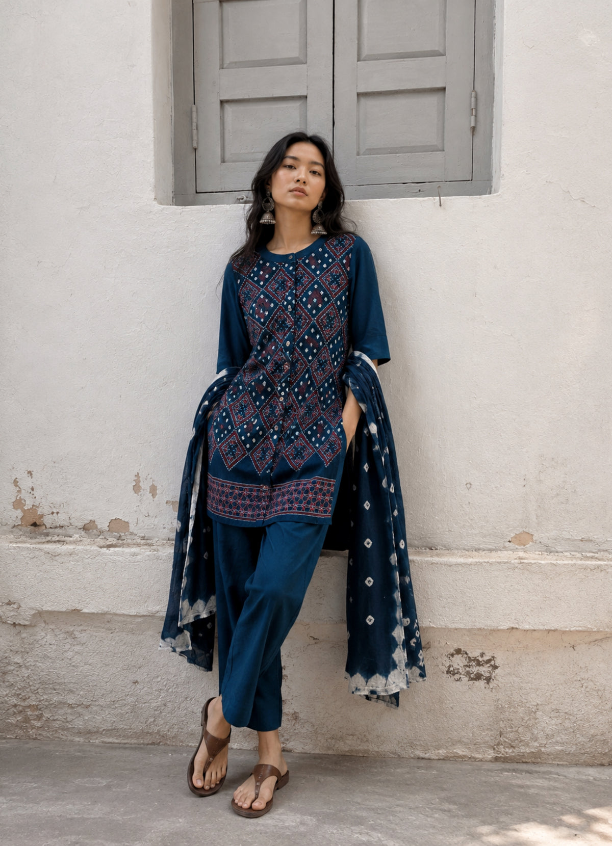 Neel deep indigo-teal Bandhani co-ord set with embroidered kurta, matching Bandhani pants and blue Bandhani dupatta
