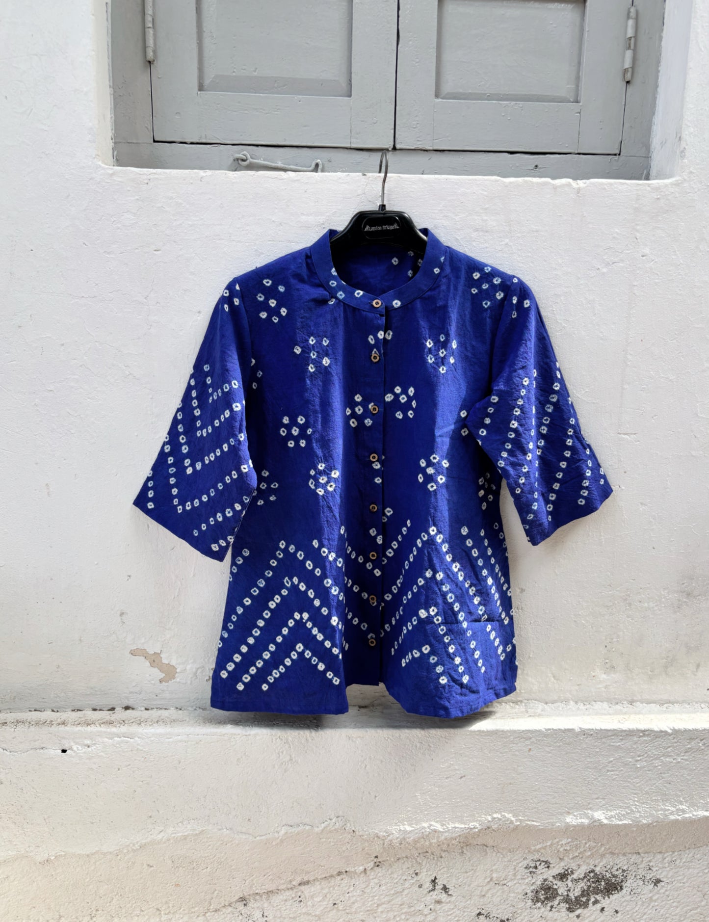 Neelam Dani royal blue handspun and handwoven organic cotton Bandhani shirt with soft mandarin collar, relaxed fit and handcrafted geometric motifs.
