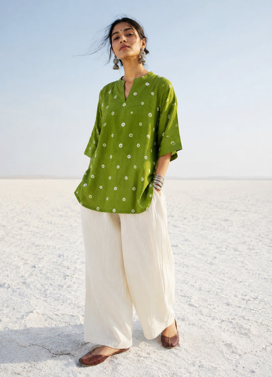 Olive green hand tie-dyed Bandhani cotton shirt with a soft mandarin collar.
