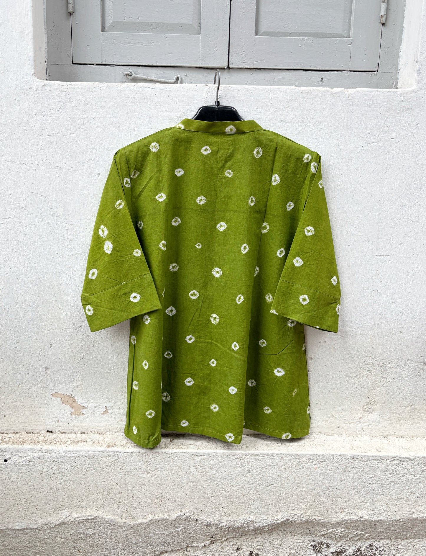 Relaxed fit olive green Bandhani cotton shirt for everyday wear.