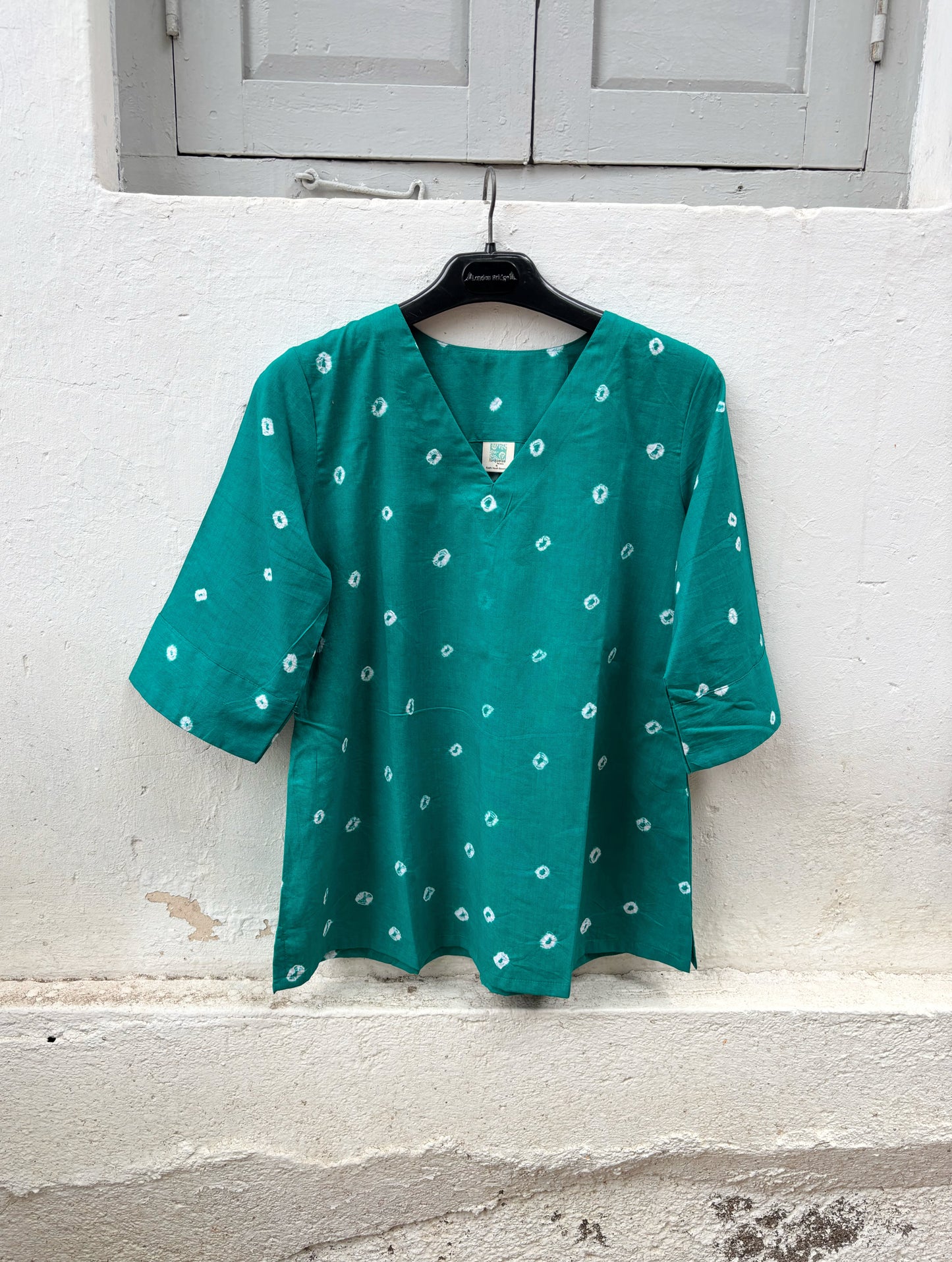 Relaxed fit peacock blue Bandhani cotton top for everyday wear.
