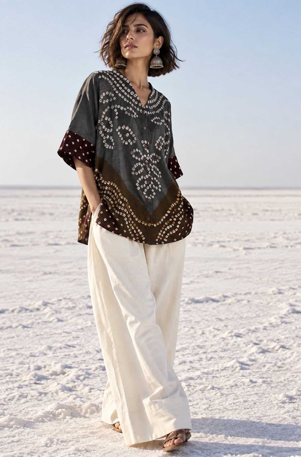 Raakh three-shade Bandhani cotton satin shirt in deep charcoal grey, rusty olive and deep maroon with ivory motifs