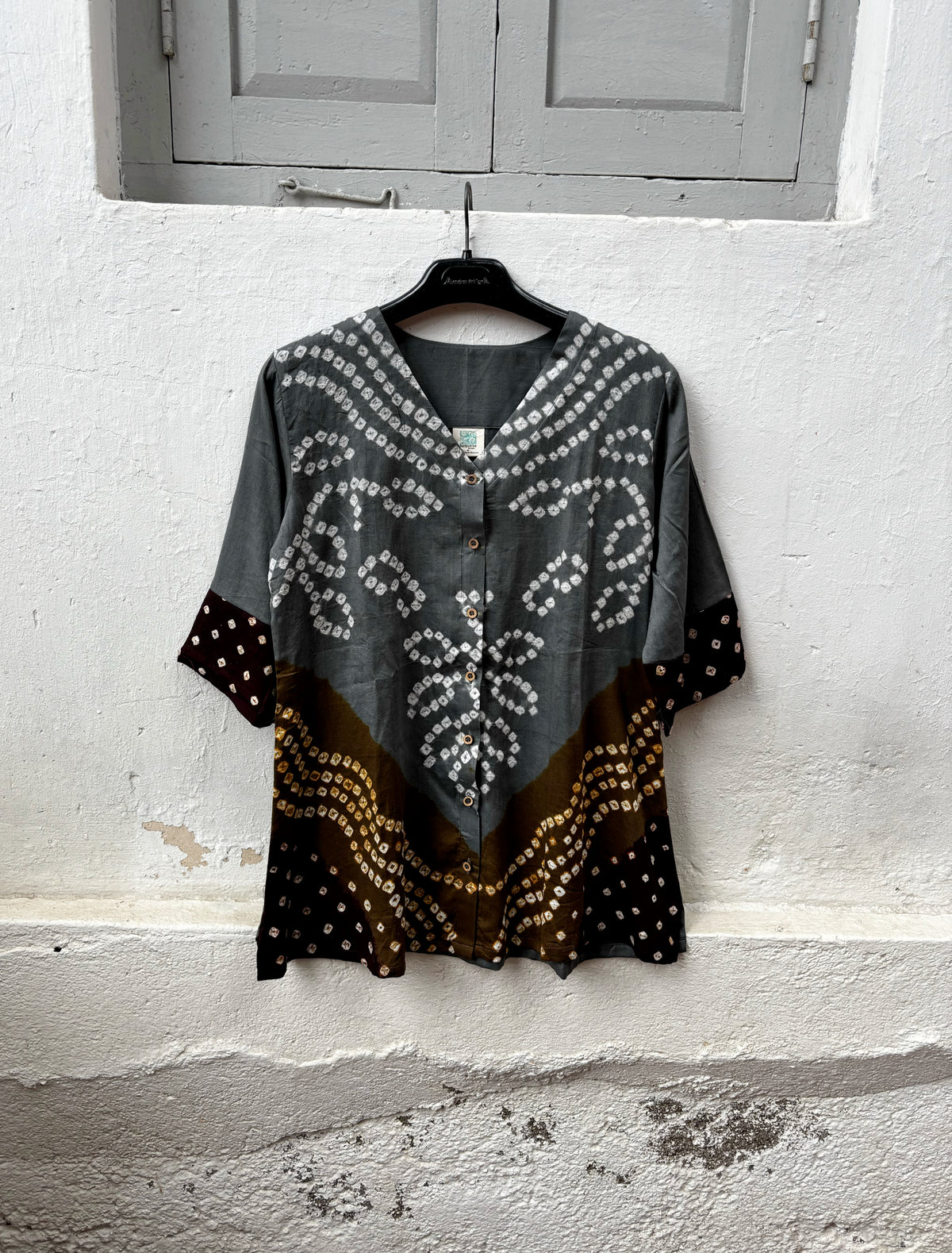 Raakh three-shade Bandhani cotton satin shirt in deep charcoal grey, rusty olive and deep maroon with ivory motifs