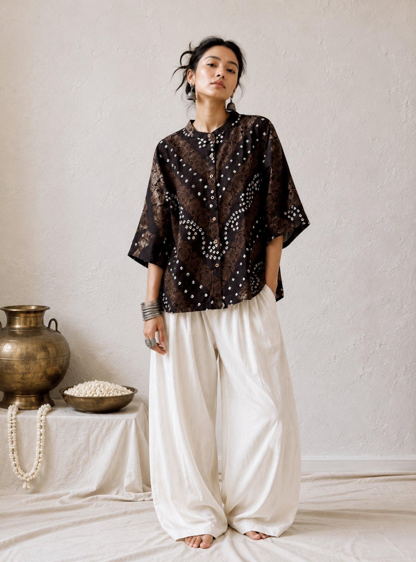 Raat black festive Bandhani cotton shirt with ivory hand tie-dyed Bandhani and antique-gold self-Banarasi floral weave