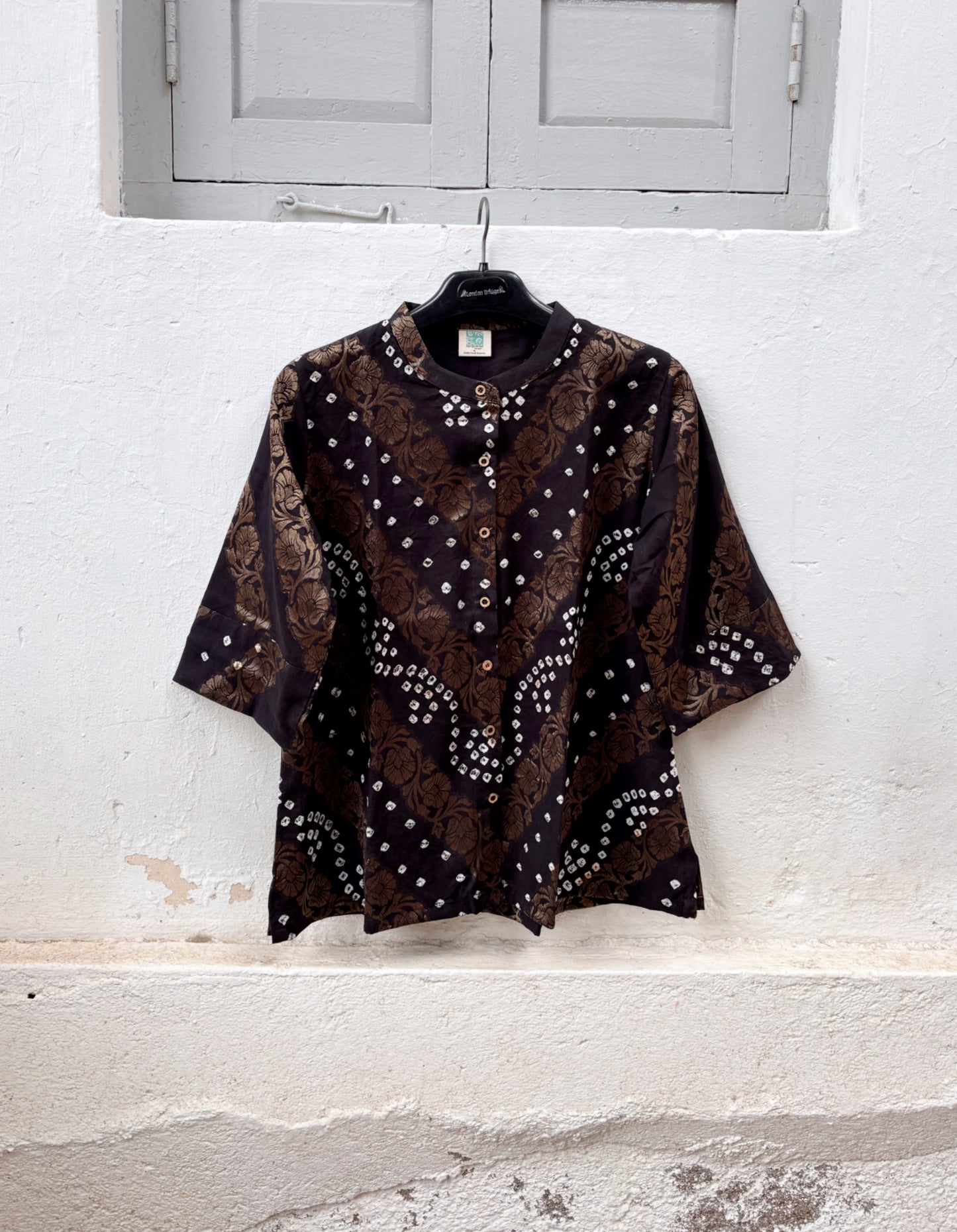 Raat black festive Bandhani cotton shirt with ivory hand tie-dyed Bandhani and antique-gold self-Banarasi floral weave