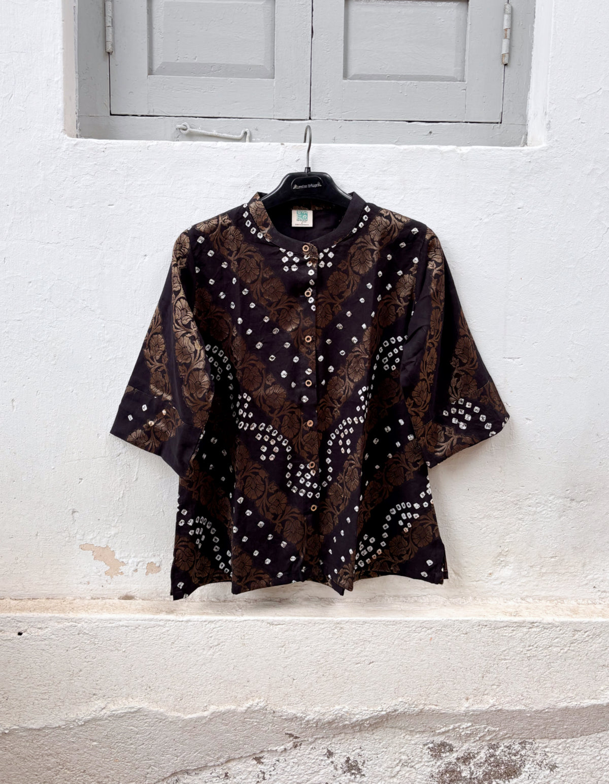Raat black festive Bandhani cotton shirt with ivory hand tie-dyed Bandhani and antique-gold self-Banarasi floral weave