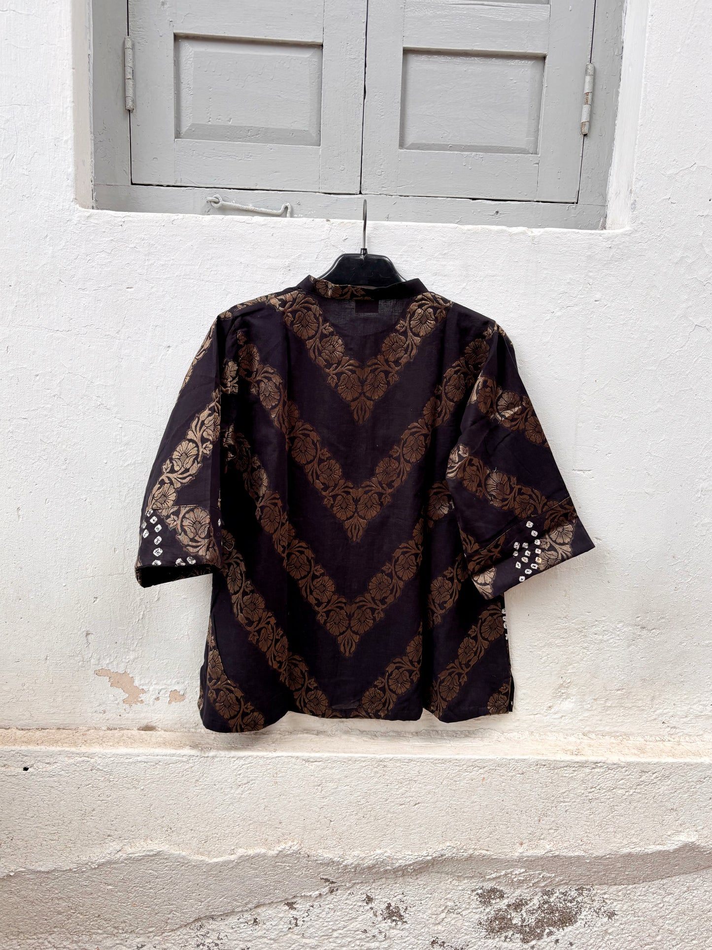 Raat black festive Bandhani cotton shirt with ivory hand tie-dyed Bandhani and antique-gold self-Banarasi floral weave