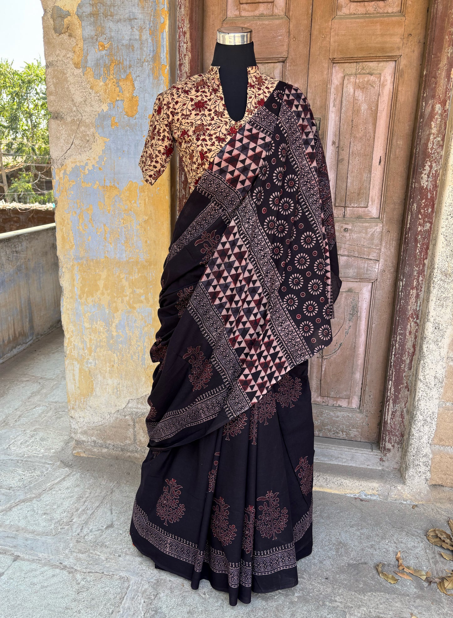 Raatrani Ajrakh hand block print natural dyed black cotton saree with maroon floral motifs and geometric pallu -Turquoisethestore