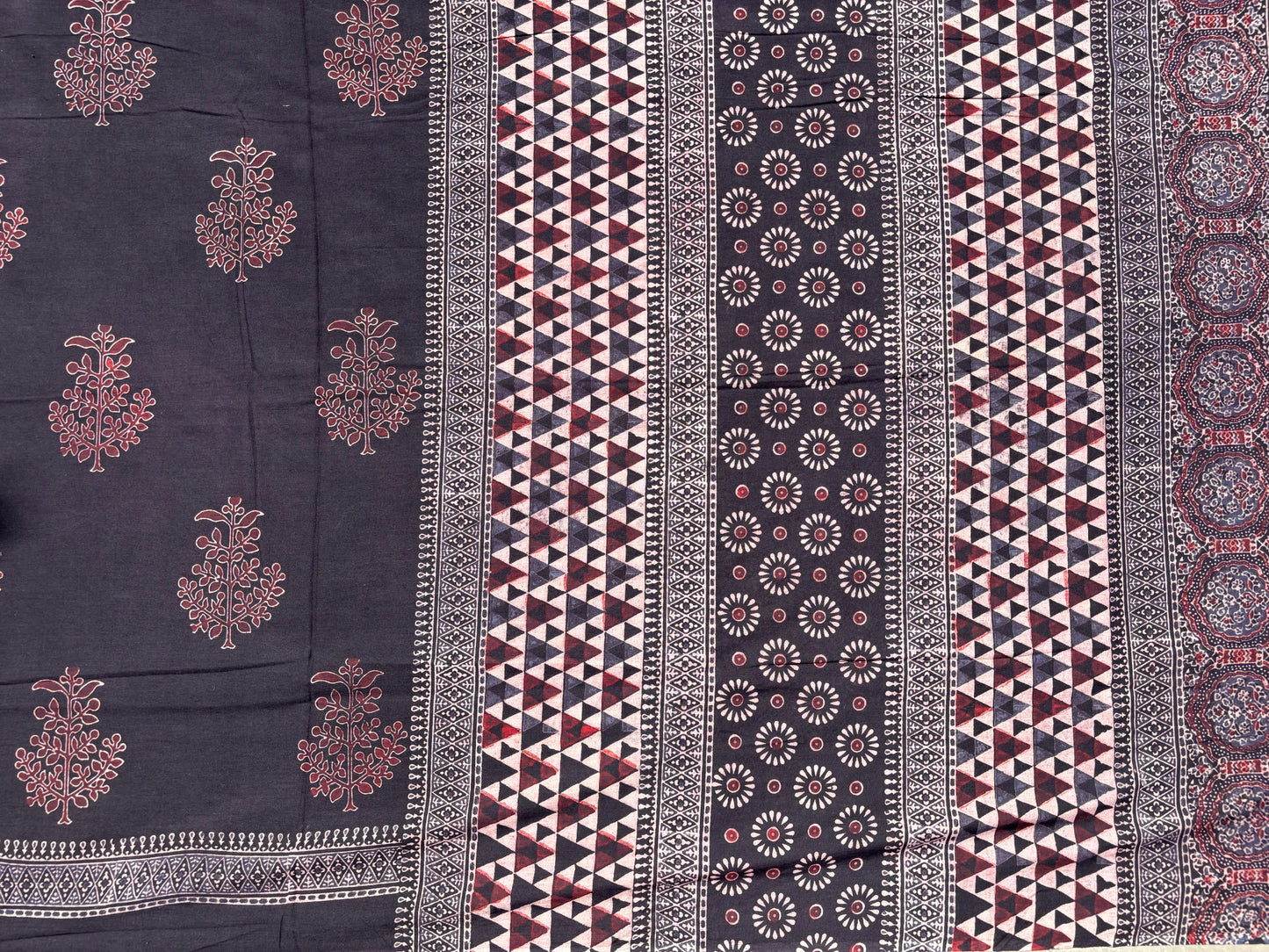 Raatrani Ajrakh hand block print natural dyed black cotton saree with maroon floral motifs and geometric pallu -Turquoisethestore