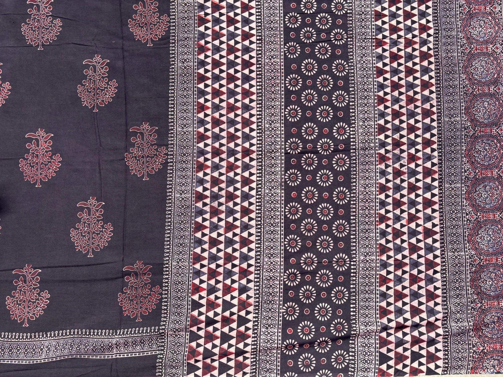 Raatrani Ajrakh hand block print natural dyed black cotton saree with maroon floral motifs and geometric pallu -Turquoisethestore