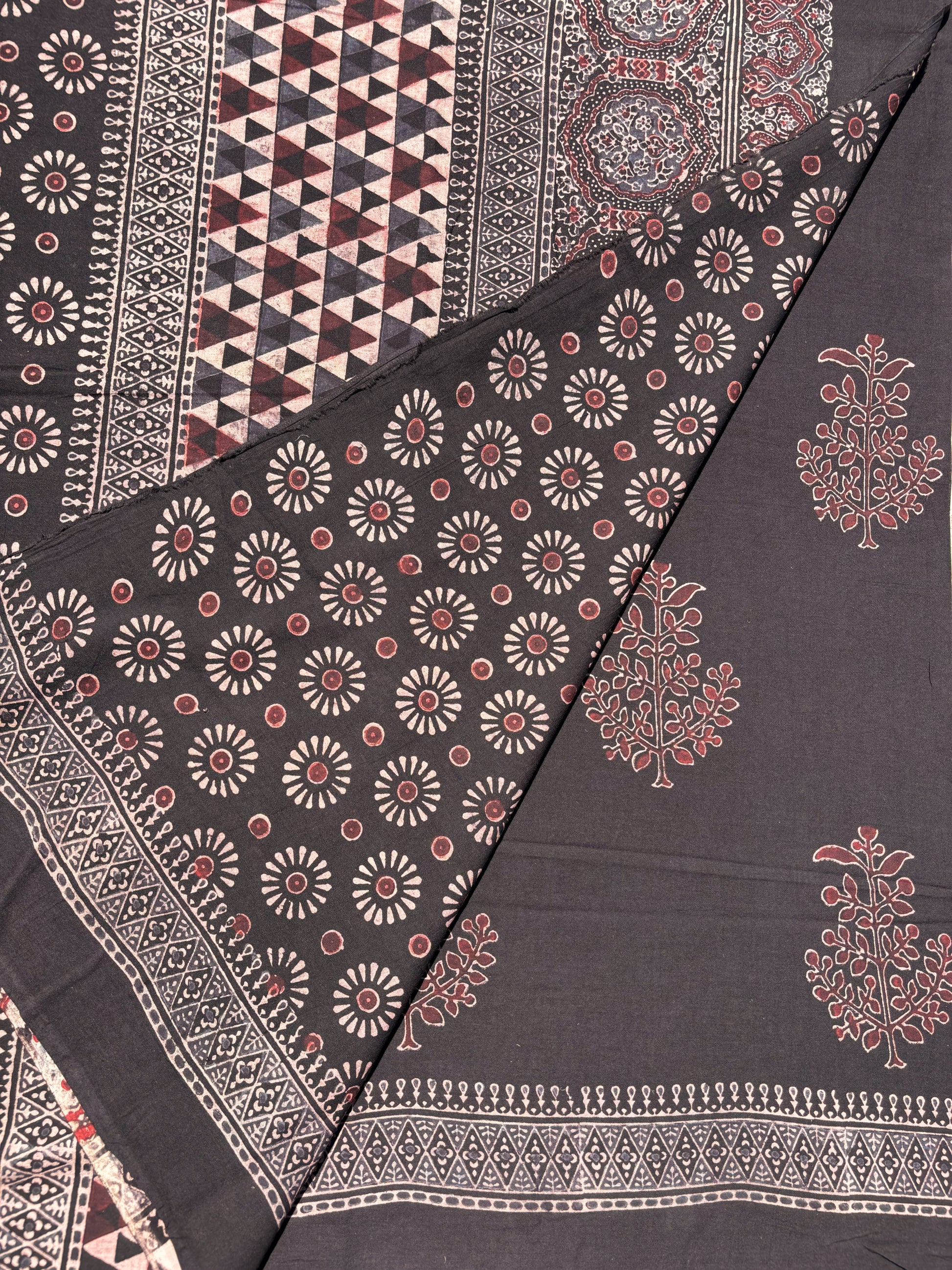 Raatrani Ajrakh hand block print natural dyed black cotton saree with maroon floral motifs and geometric pallu -Turquoisethestore