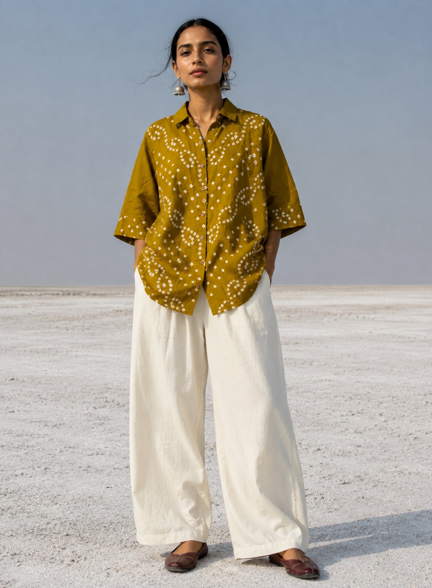 Rai Dani mustard hand tie dyed Bandhani cotton satin shirt with classic collar and relaxed fit for women