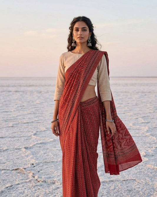 Madder dyed cotton Ajrakh hand block printed saree featuring traditional geometric motifs in red, black, and beige with detailed borders and pallu.