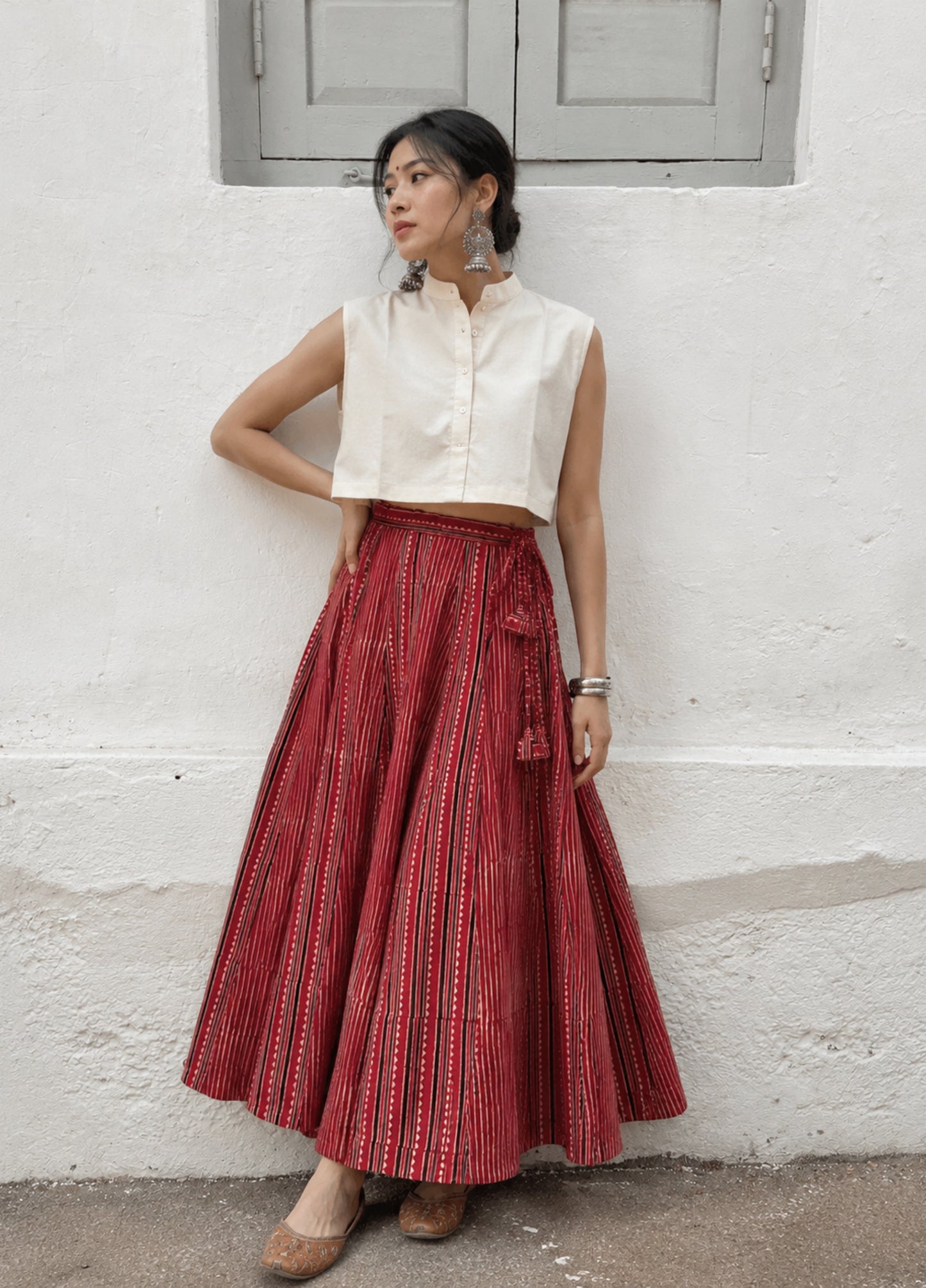 Rangdhara madder-dyed Ajrakh cotton kali skirt with two hand block printed patterns