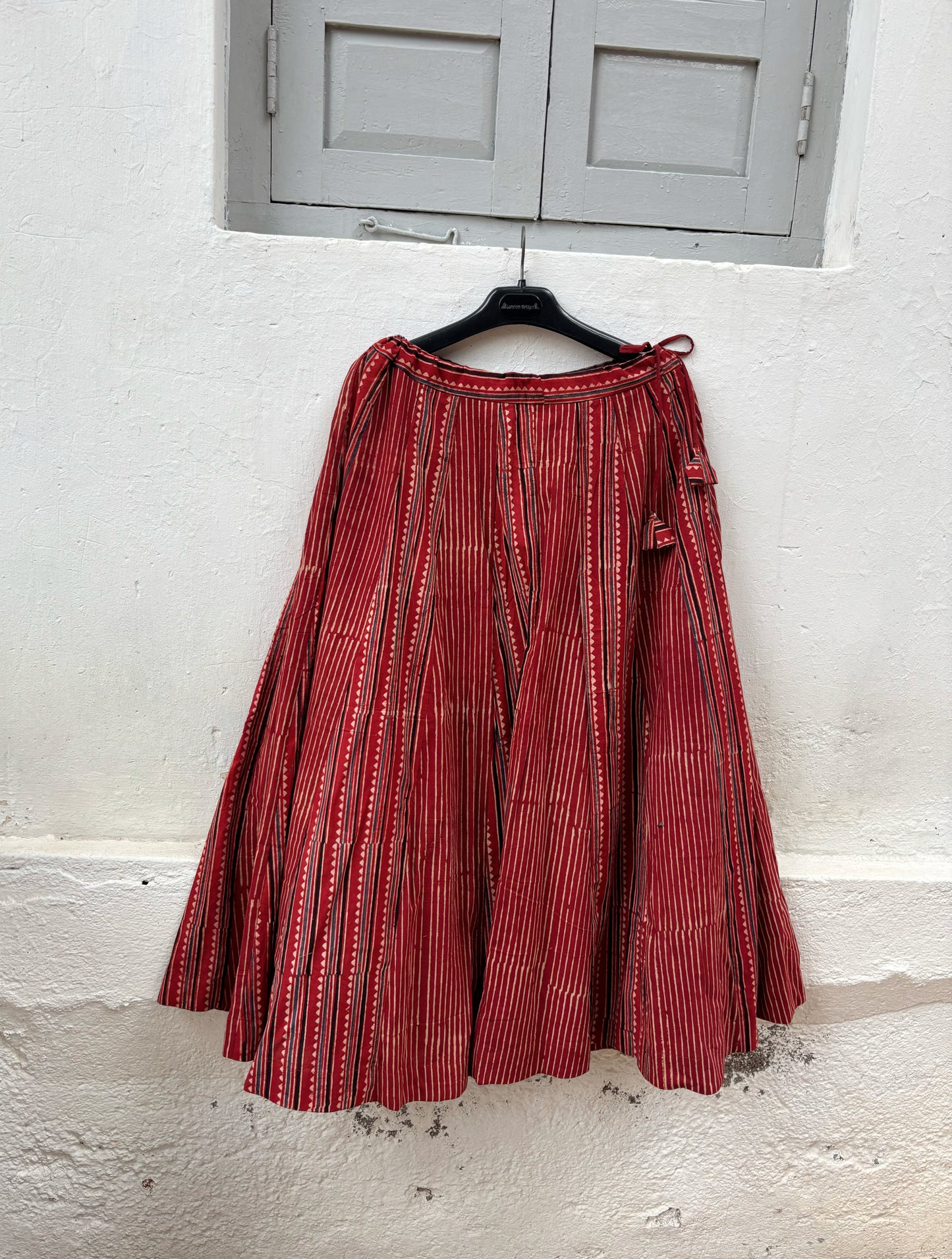 Rangdhara madder-dyed Ajrakh cotton kali skirt with two hand block printed patterns