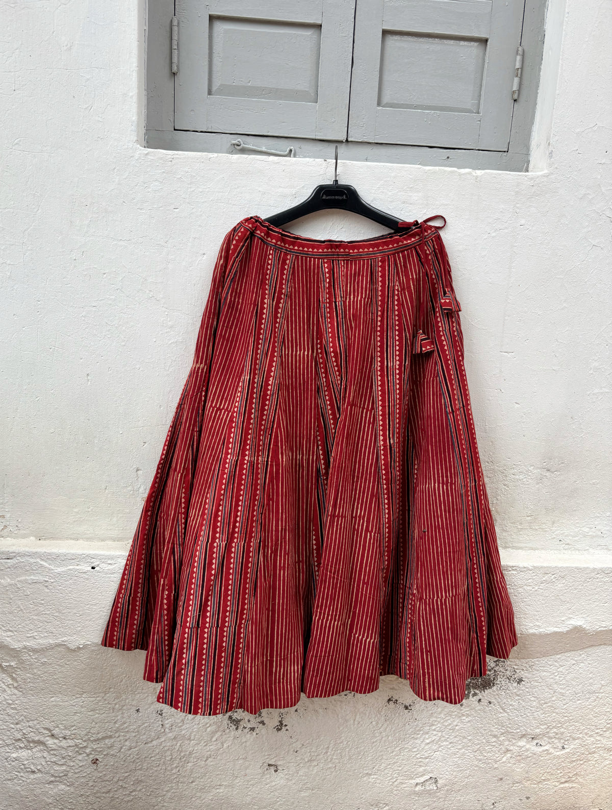 Rangdhara madder-dyed Ajrakh cotton kali skirt with two hand block printed patterns