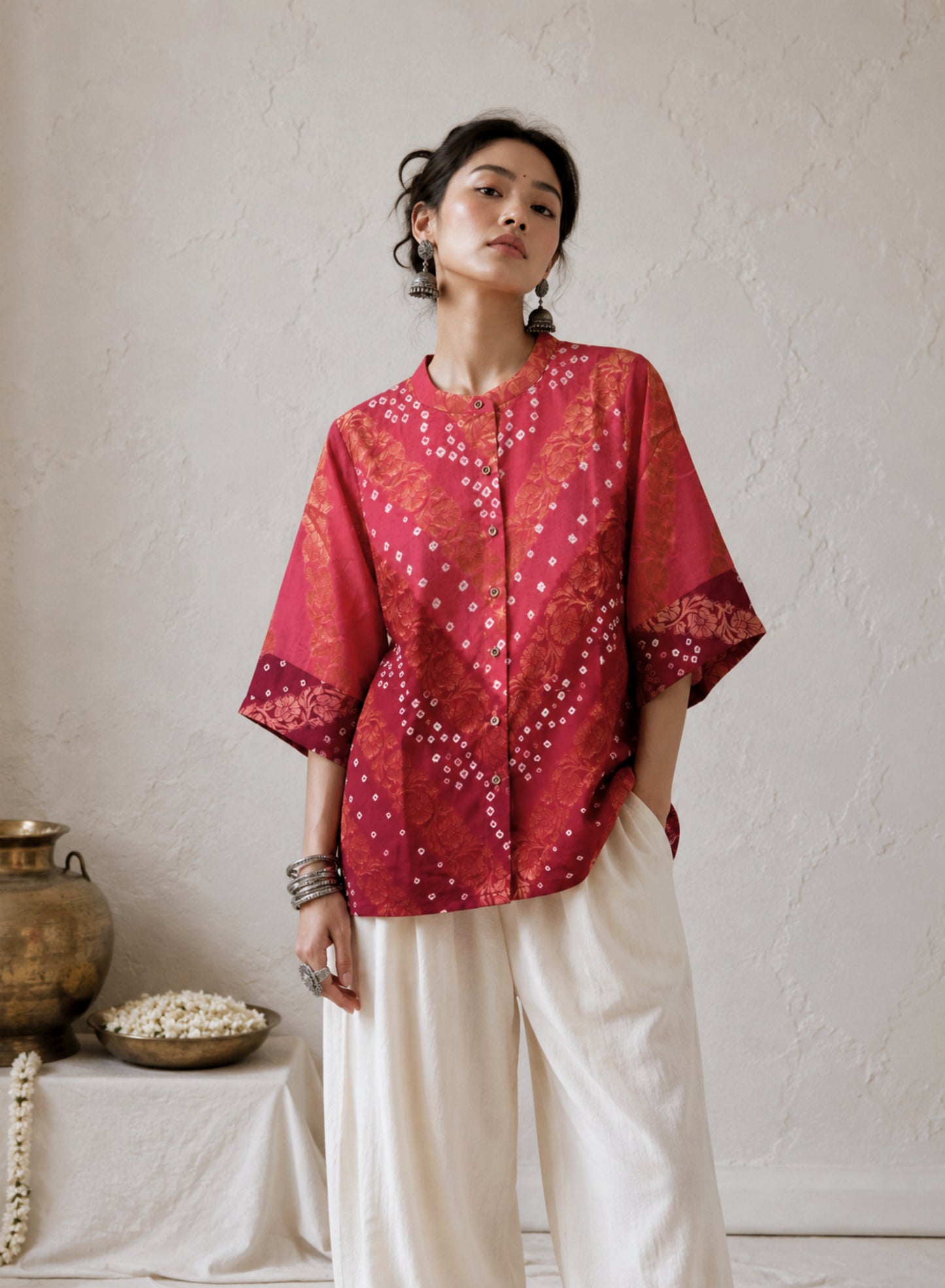 Rangini festive Bandhani cotton shirt in rose pink with hand tie-dyed Bandhani and antique gold self-Banarasi weave