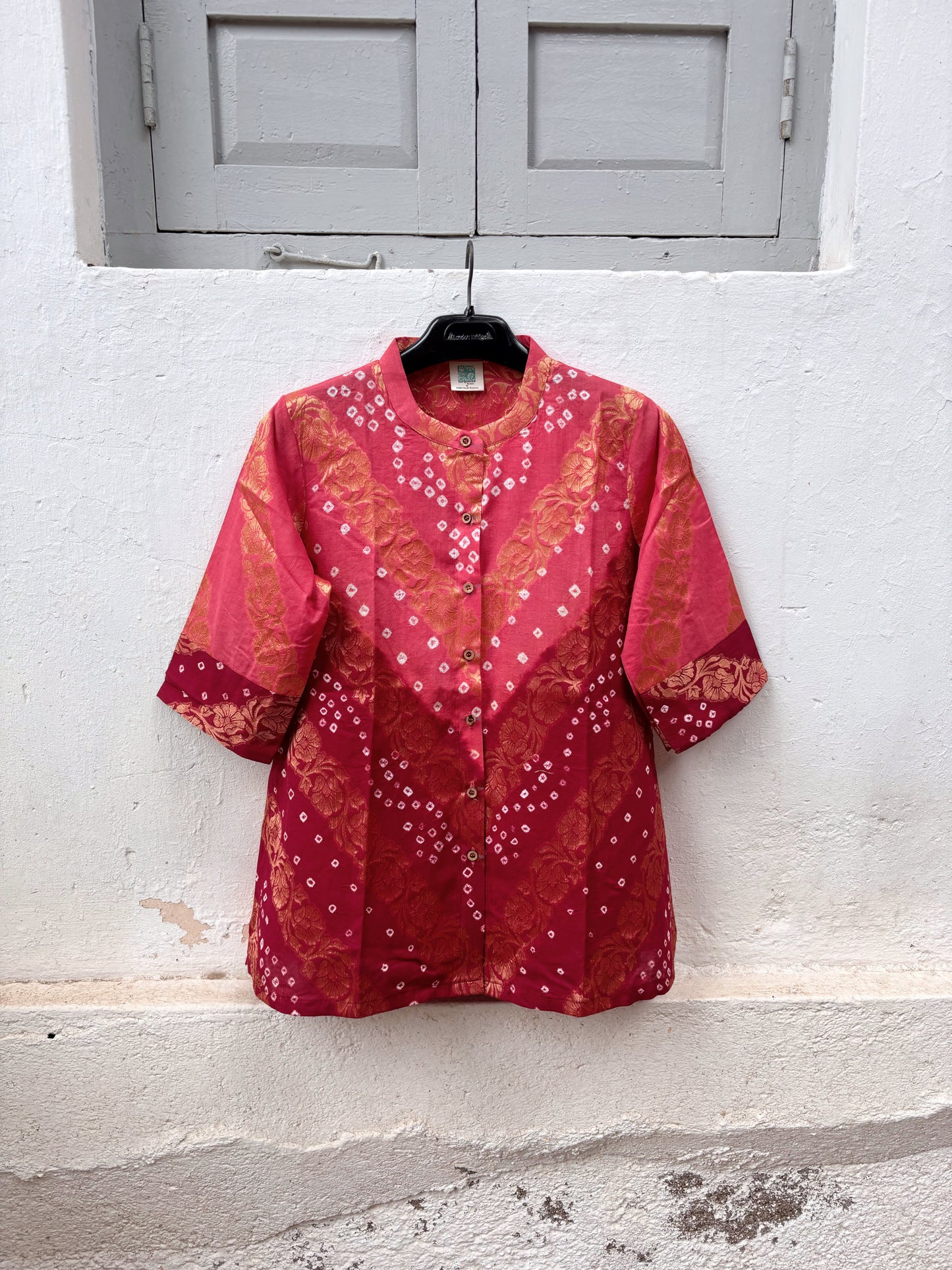 Rangini festive Bandhani cotton shirt in rose pink with hand tie-dyed Bandhani and antique gold self-Banarasi weave