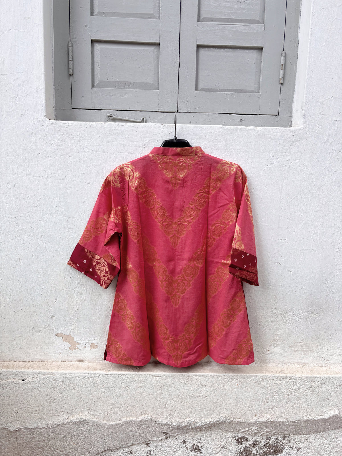 Rangini festive Bandhani cotton shirt in rose pink with hand tie-dyed Bandhani and antique gold self-Banarasi weave