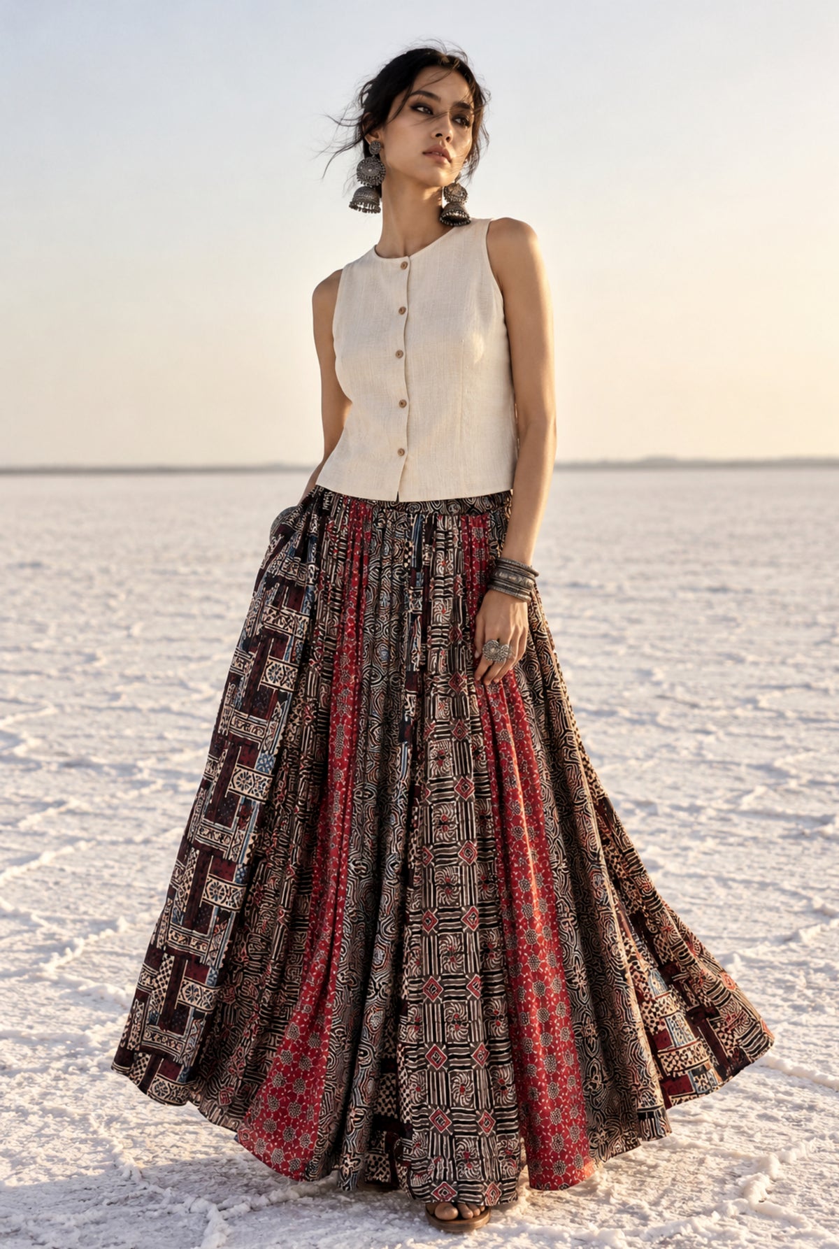 Rangrekha multi-print Ajrakh modal silk skirt with natural dyes and medium flare
