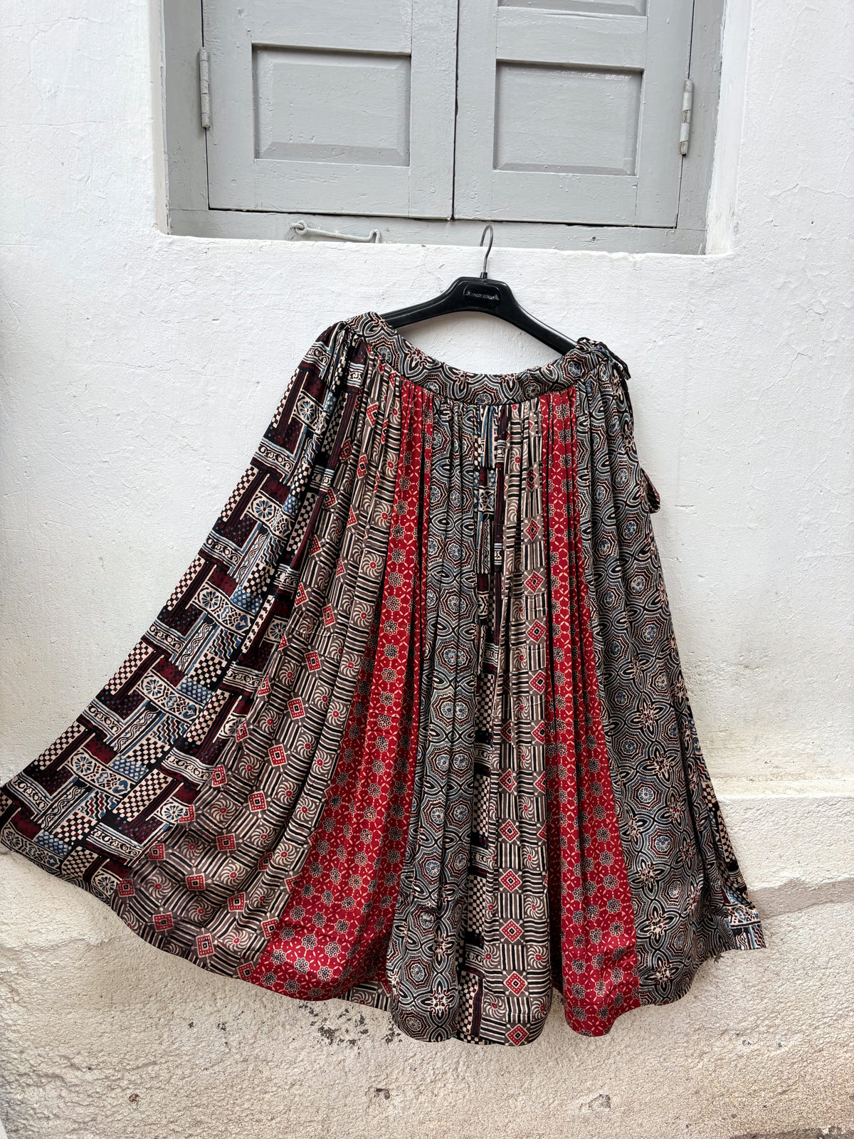 Rangrekha multi-print Ajrakh modal silk skirt with natural dyes and medium flare